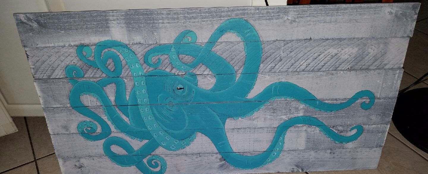 Aqua Octopus painting on gray reclaimed wood boards 3' x 2'