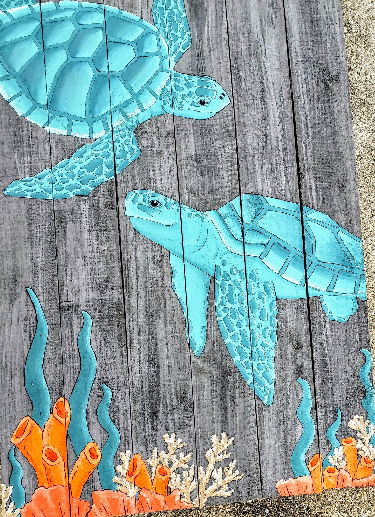 Sea Turtles with coral on reclaimed wood boards