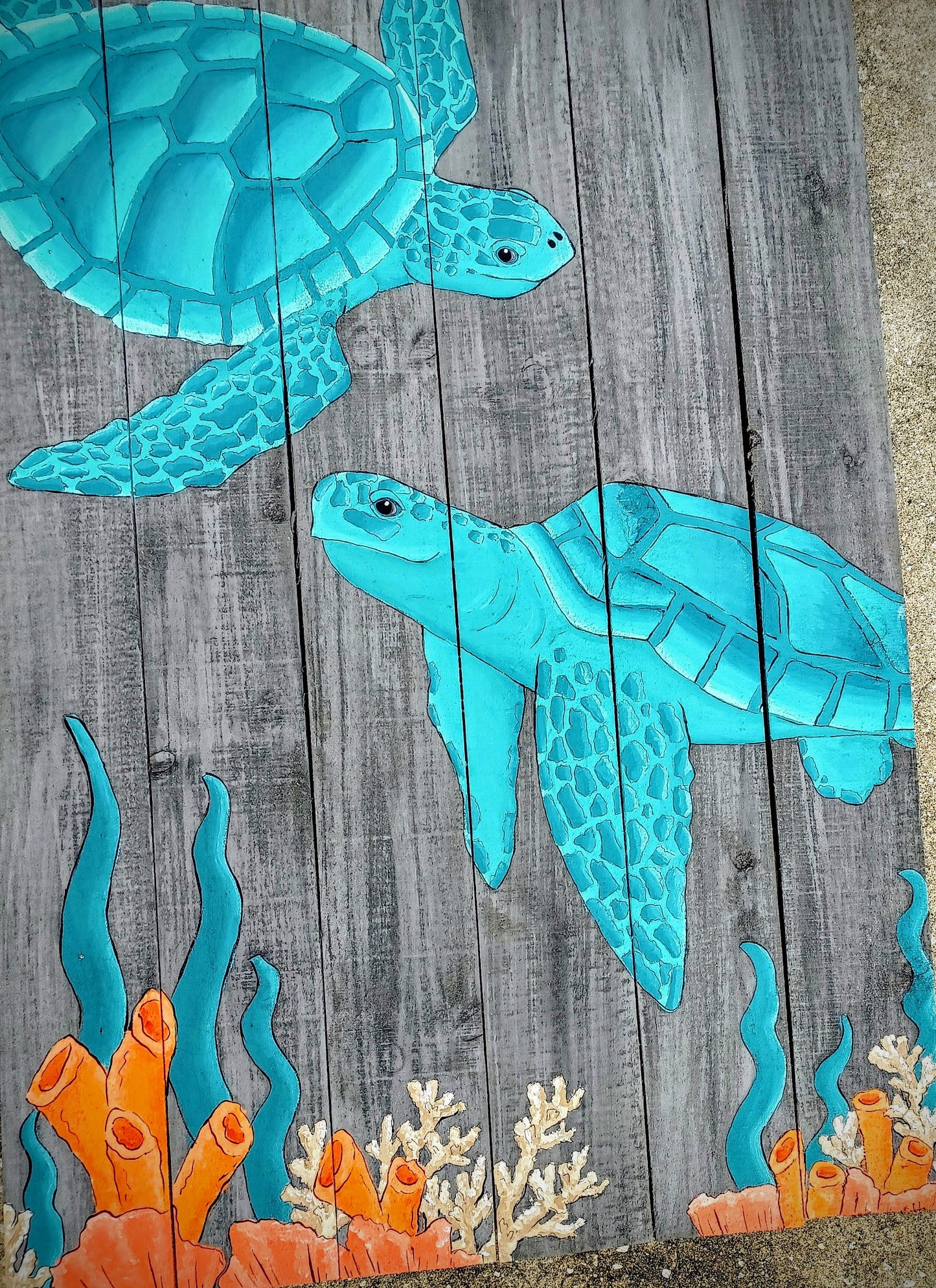 Aqua + Blues Sea Turtles painting on 3'x2' wood boards