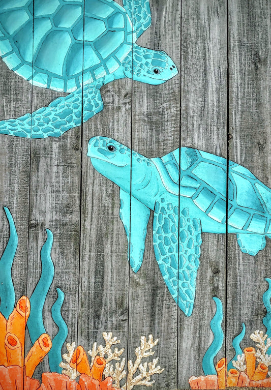 Sea Turtles with coral on reclaimed wood boards