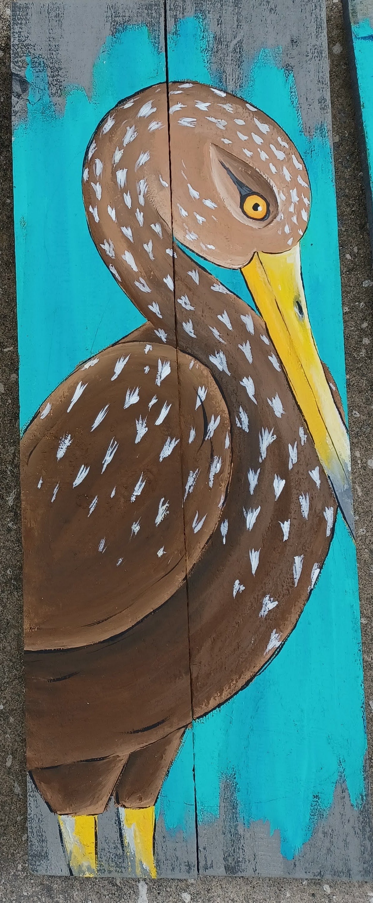 Limpkin painted on gray double wood boards with aqua background 