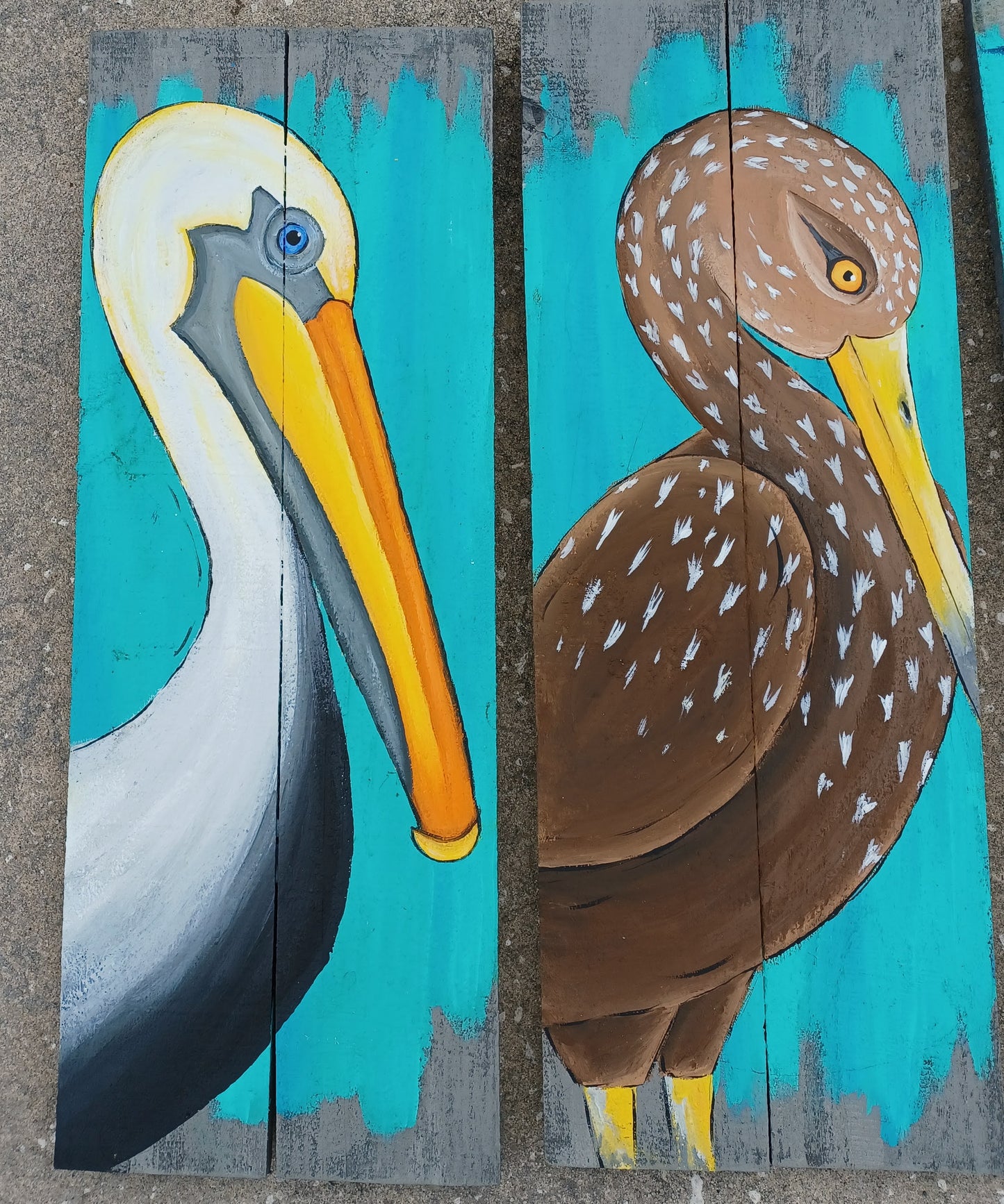 Pelican and Limpkin painted on gray double wood boards with aqua background 