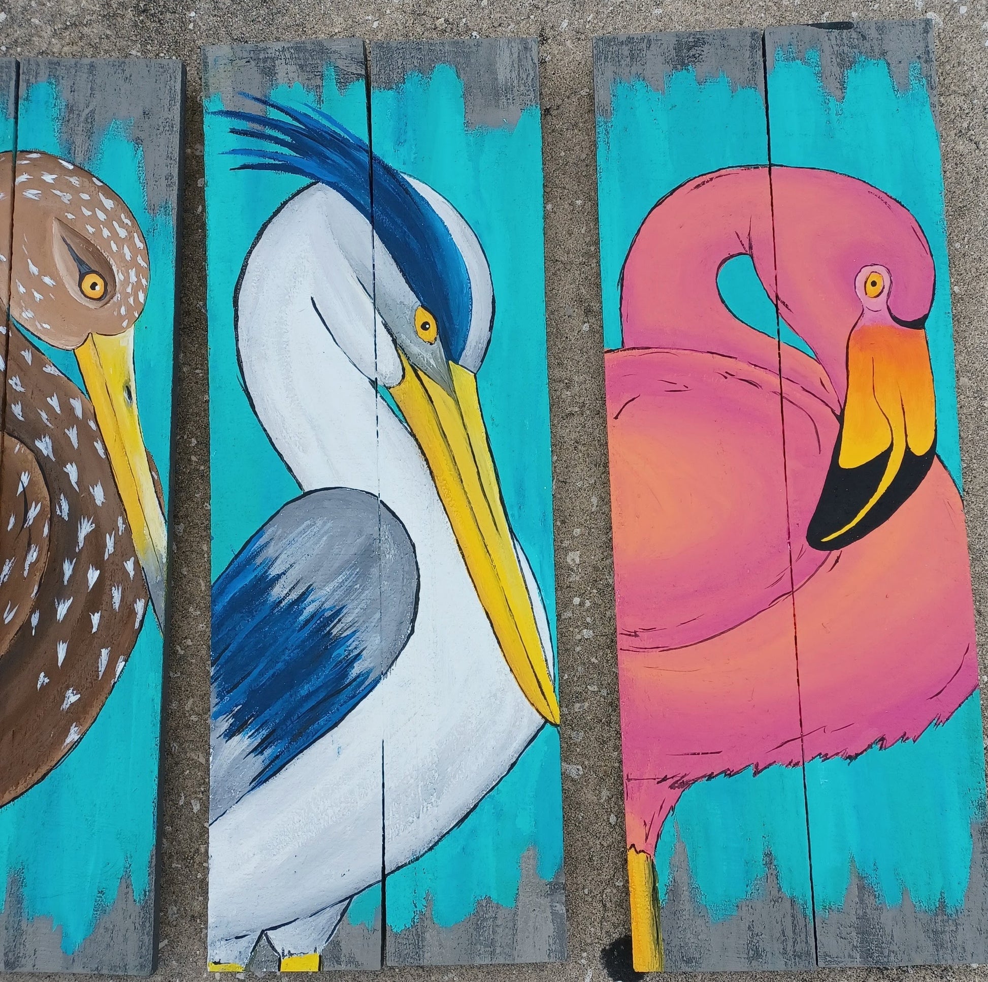 Blue heron, Flamingo and Limpkin painted on gray double wood boards with aqua background 