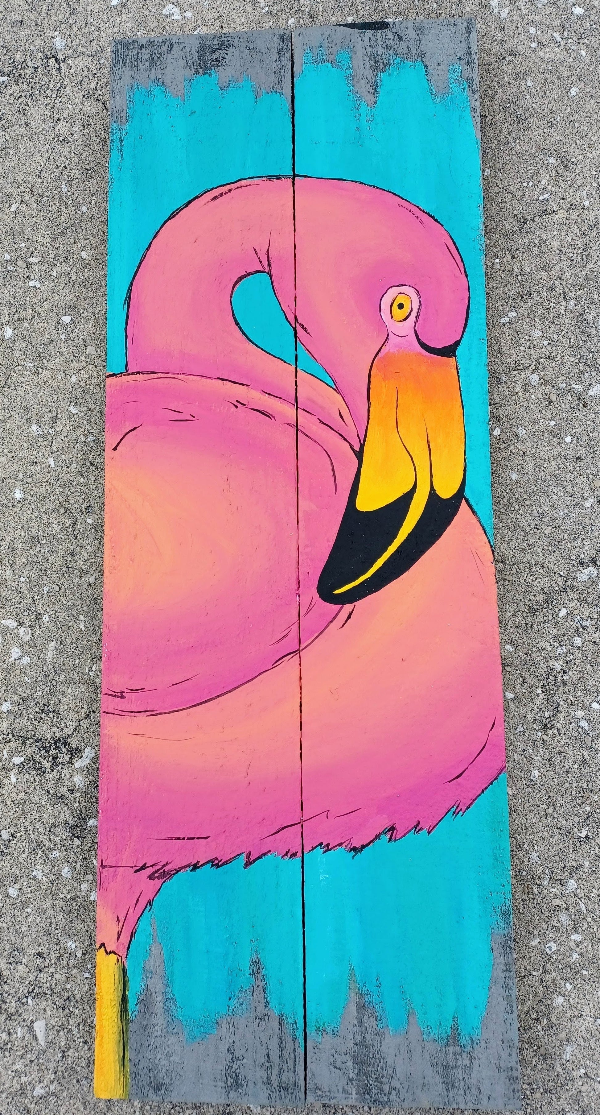 Flamingo painted on gray double wood boards with aqua background 