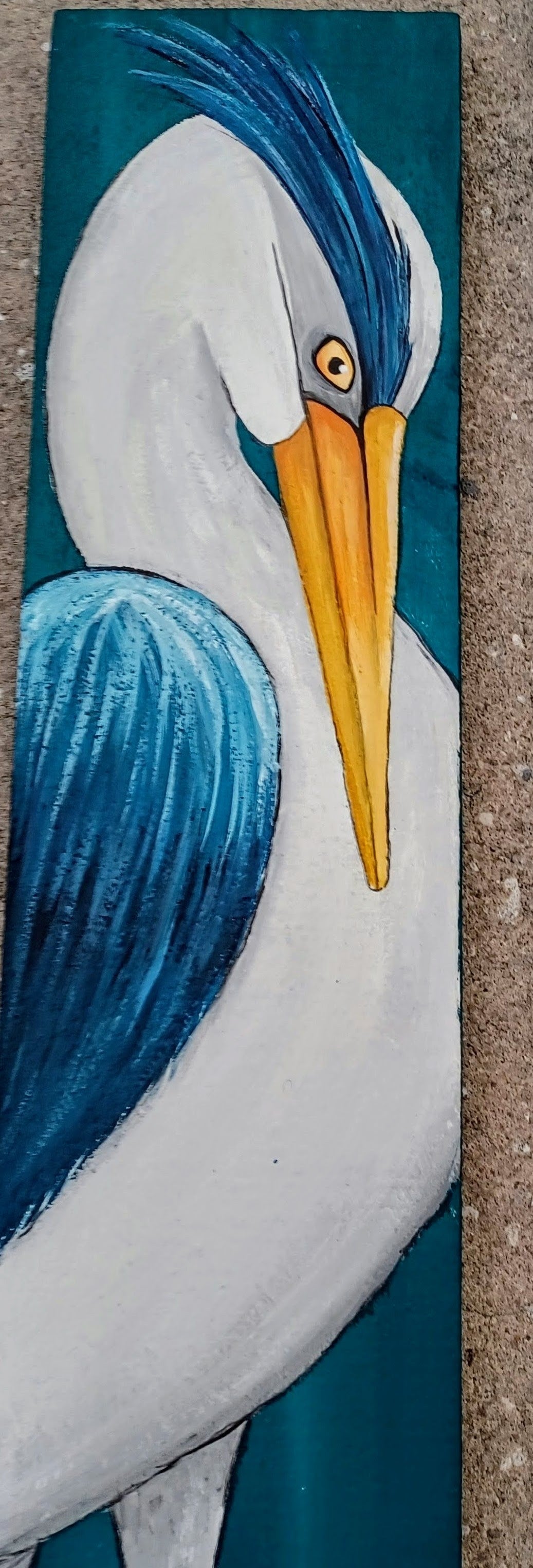 Blue heron painting on teal reclaimed wood boards