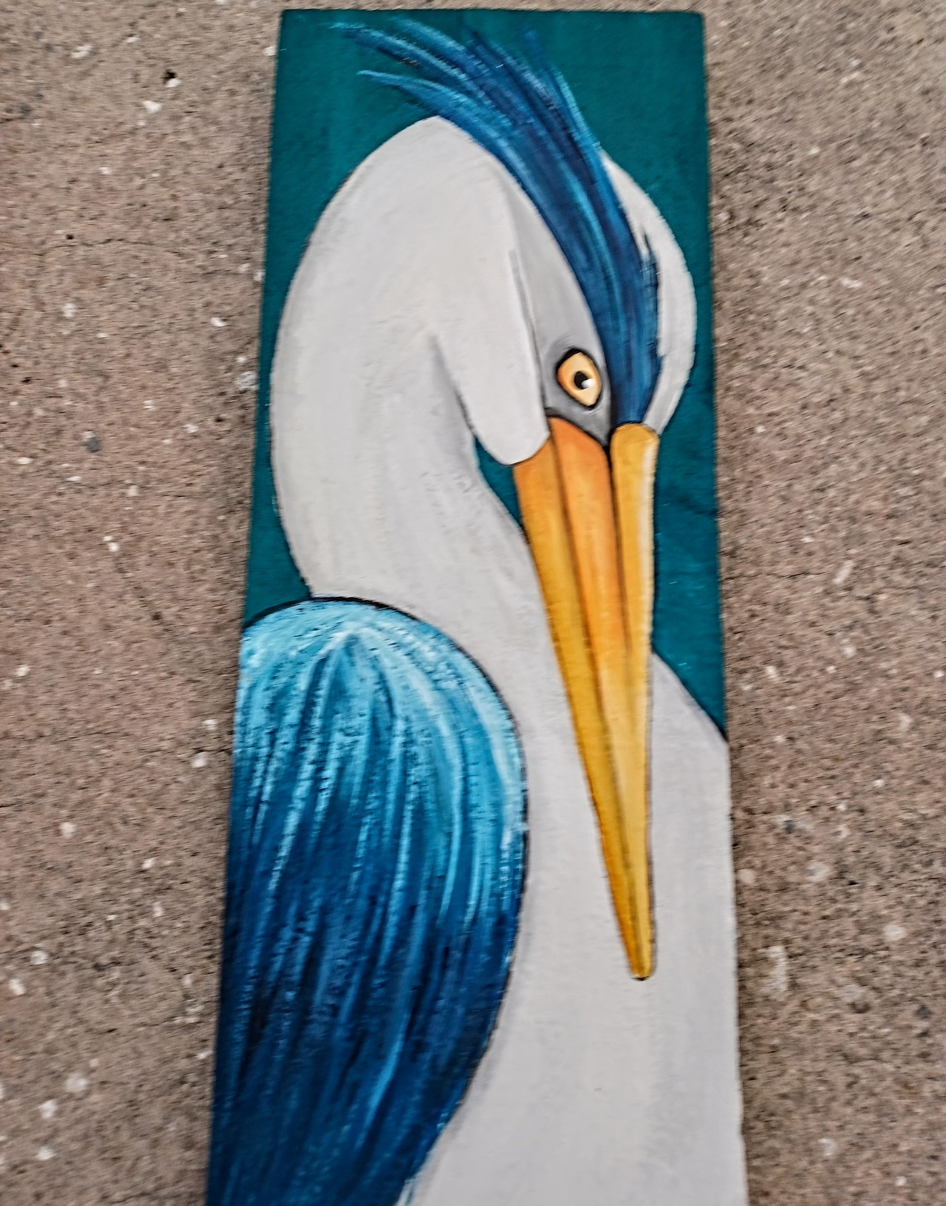 Blue heron painting on teal reclaimed wood boards