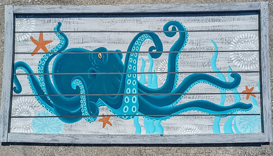 Teal and Aqua Octopus painting on gray wood