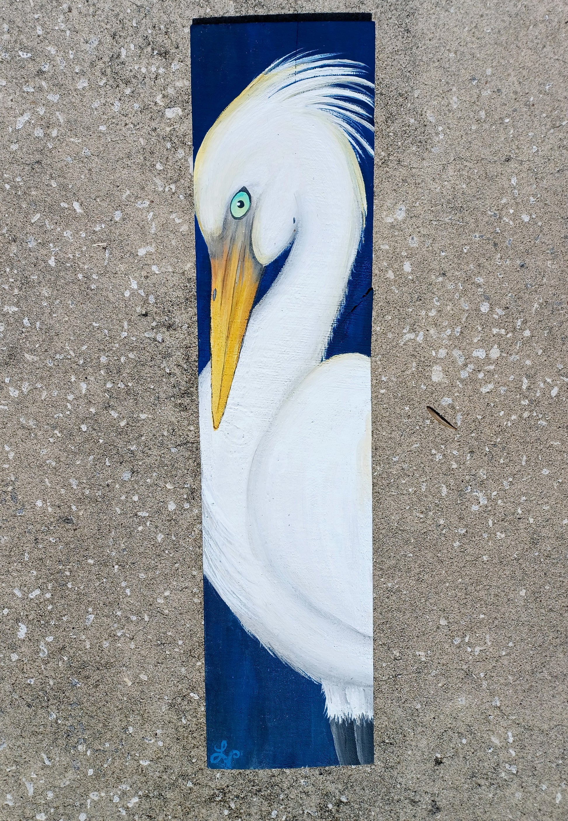 Egret paintings on navy blue wood boards 