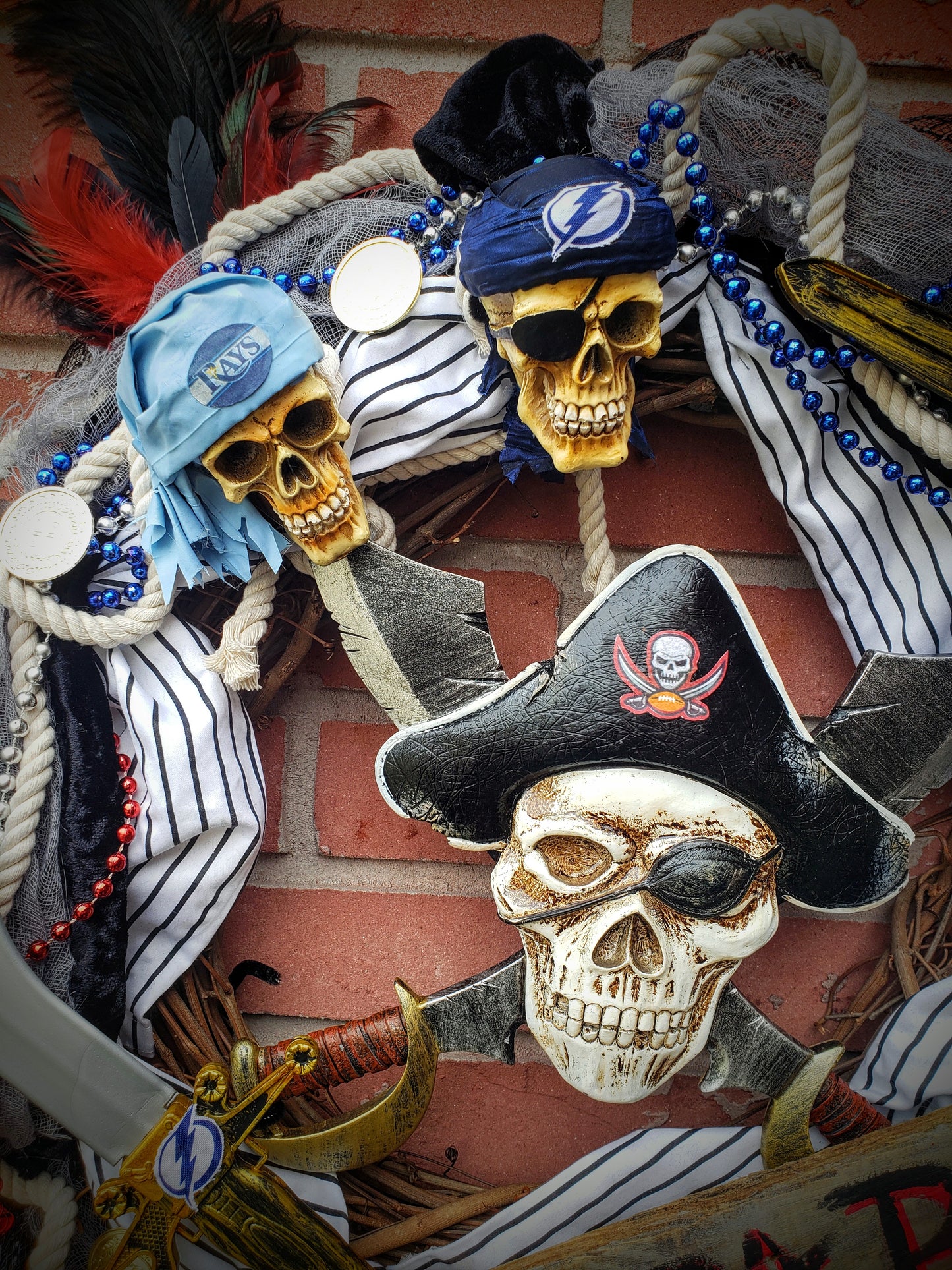 Pirate Gasparilla wreath, Champa Bay version with Bucs Bolts and Rays  