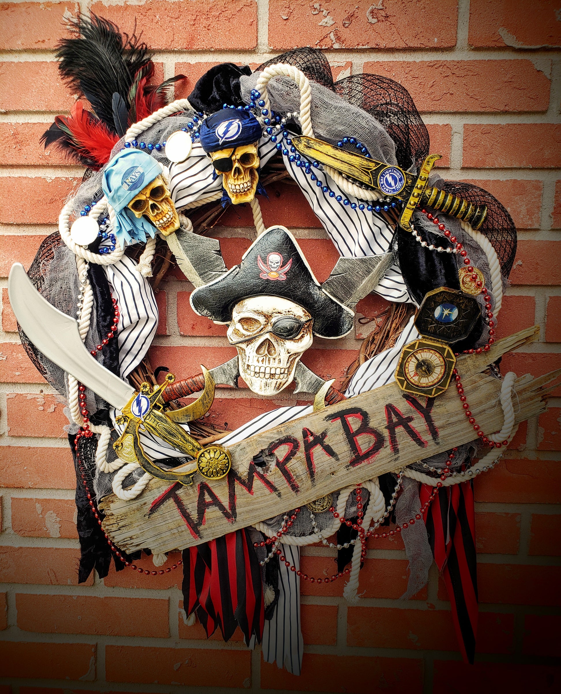 Pirate Gasparilla wreath, Champa Bay version with Bucs Bolts and Rays  