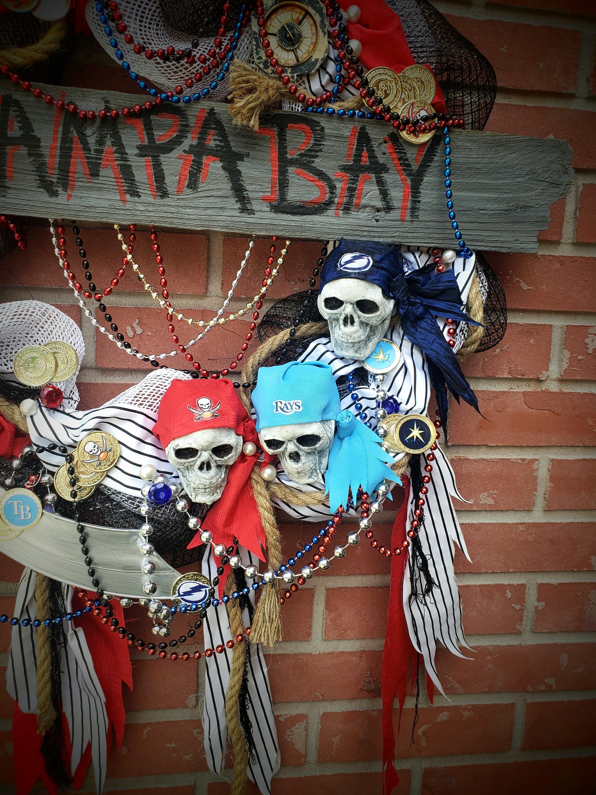 Pirate Gasparilla wreath, Champa Bay version with Bucs Bolts and Rays  