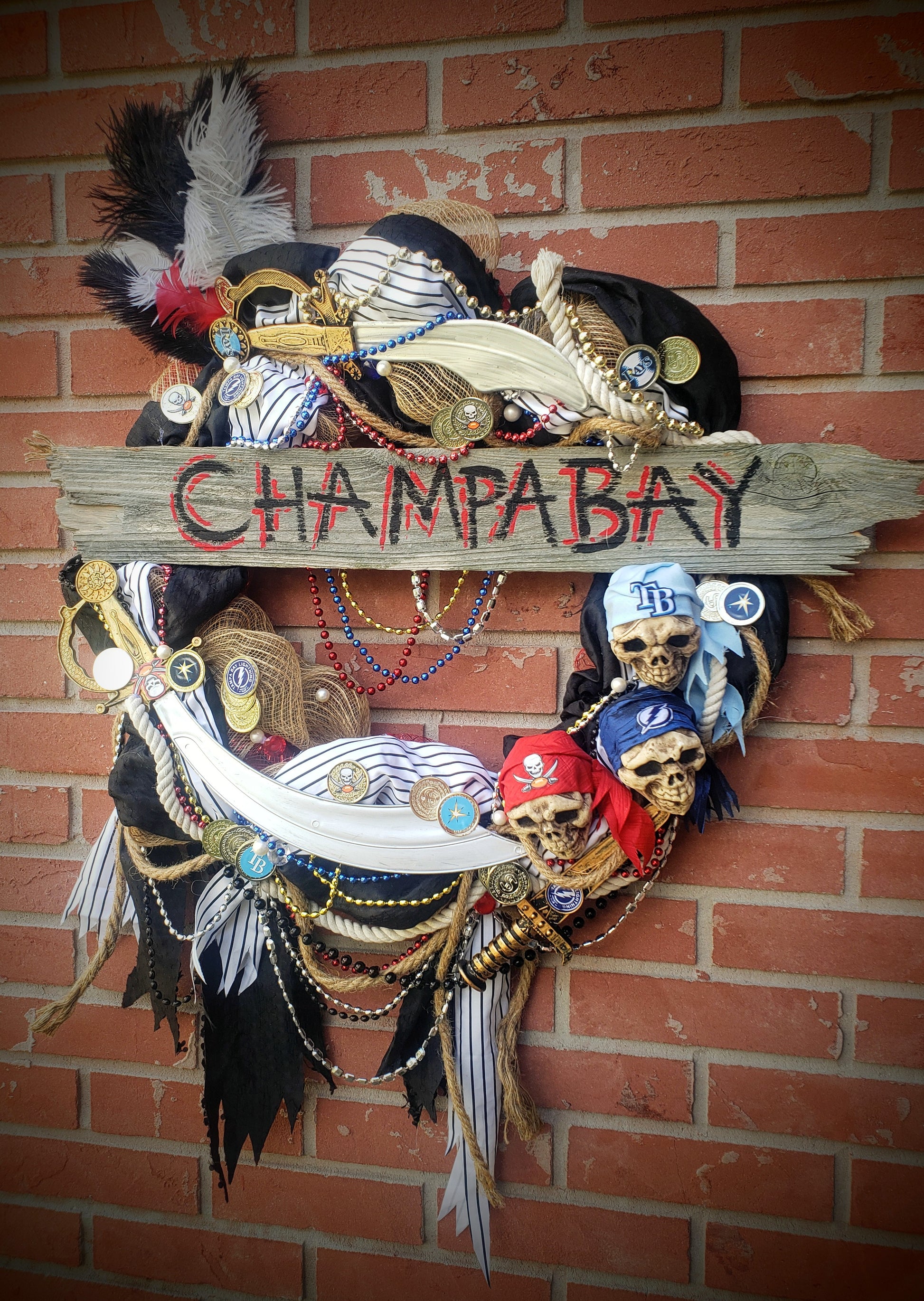 Pirate Gasparilla wreath, Champa Bay version with Bucs Bolts and Rays  