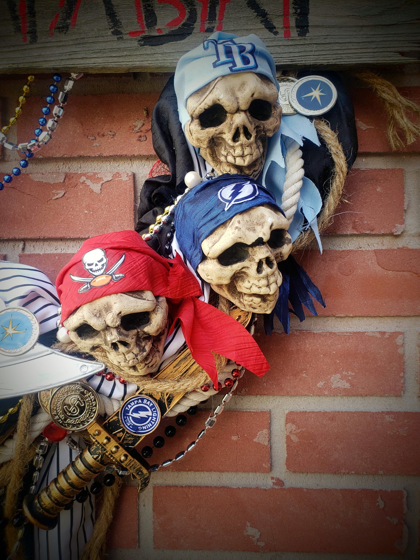 Pirate Gasparilla wreath, Champa Bay version with Bucs Bolts and Rays  