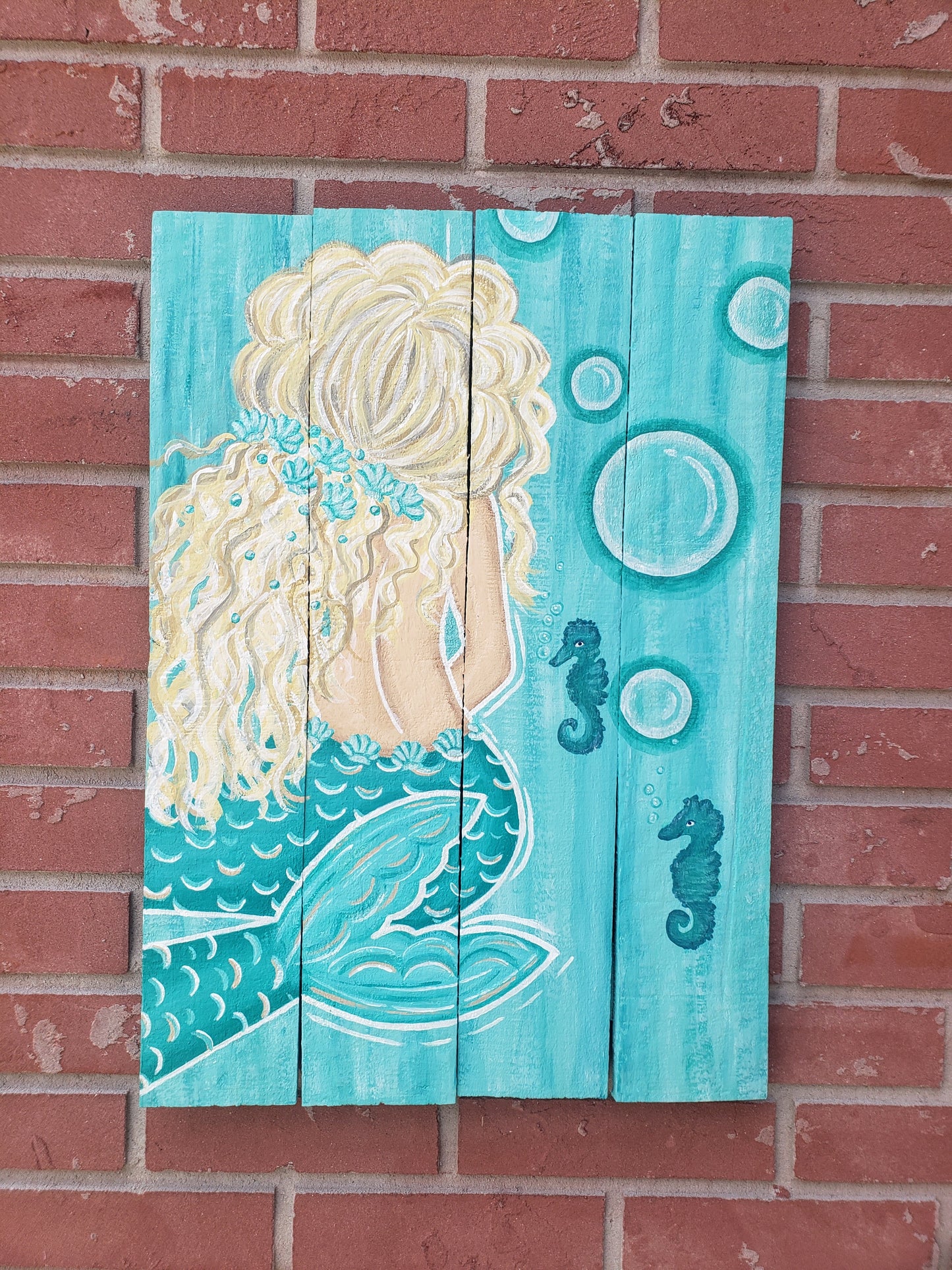 Aqua and teal mermaid painting on wood 