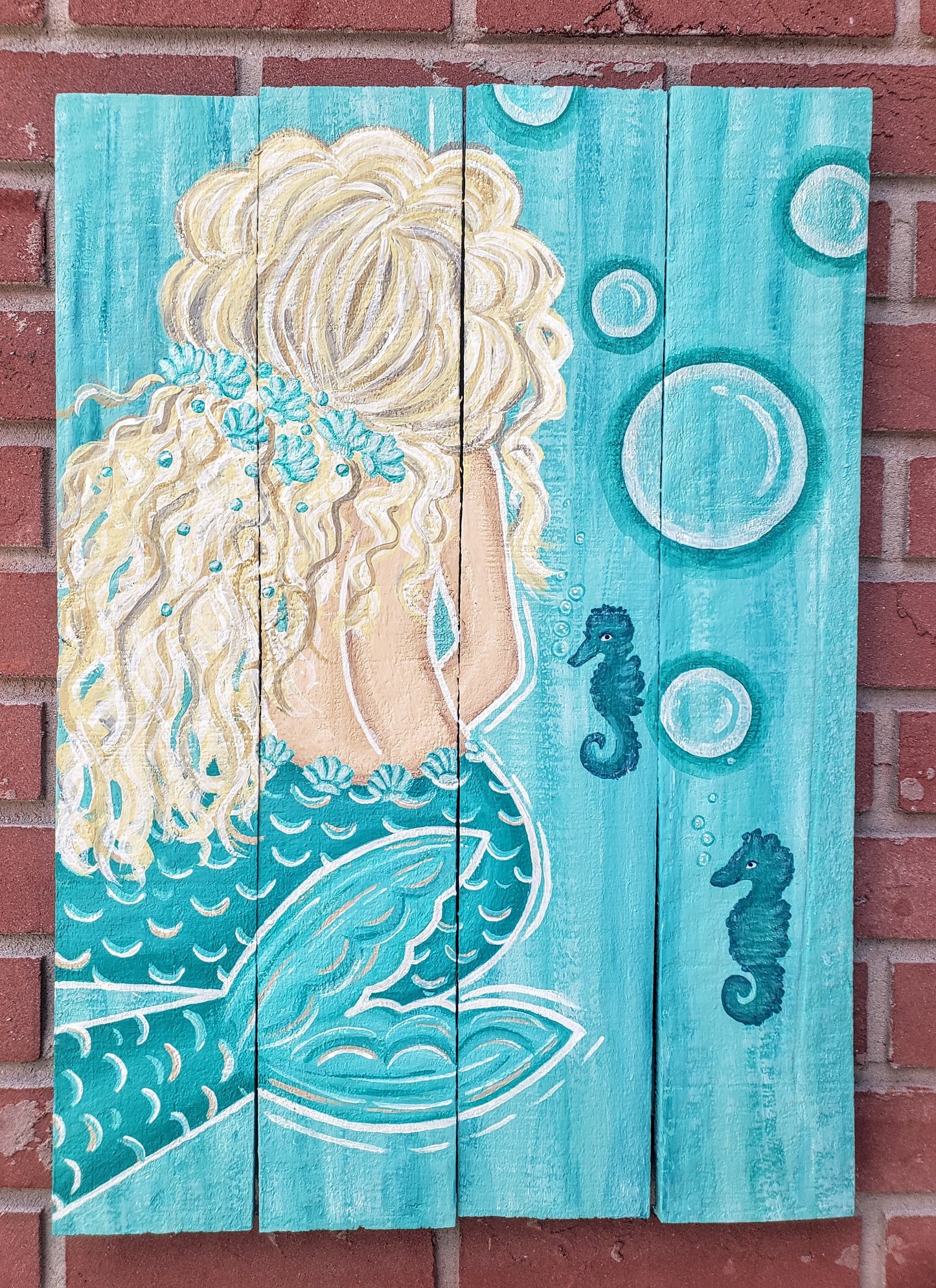 Aqua and teal mermaid painting on wood 