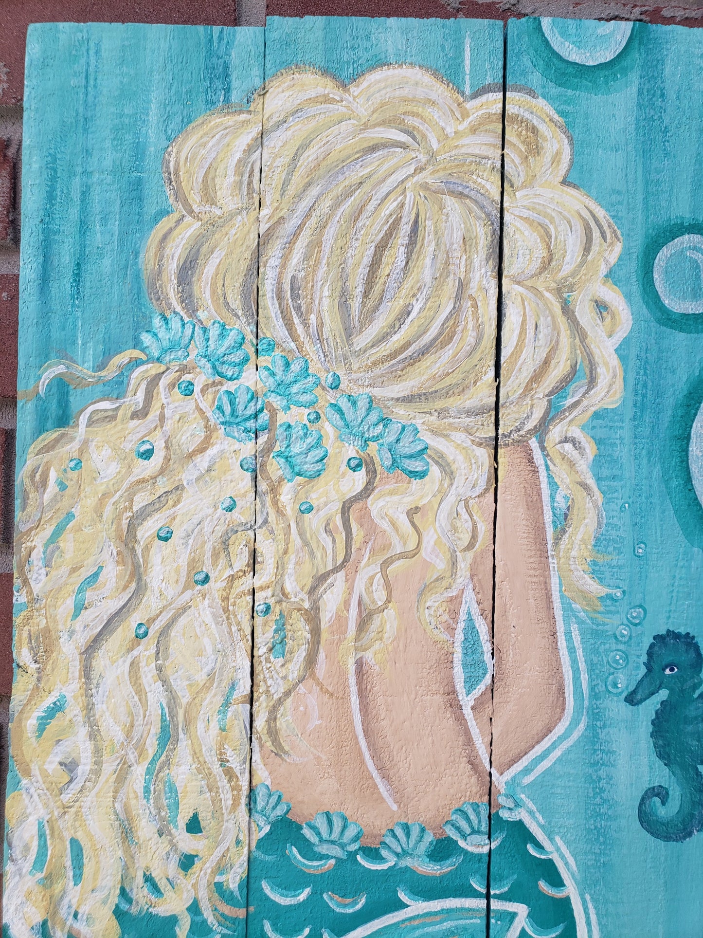 Aqua and teal mermaid painting on wood 