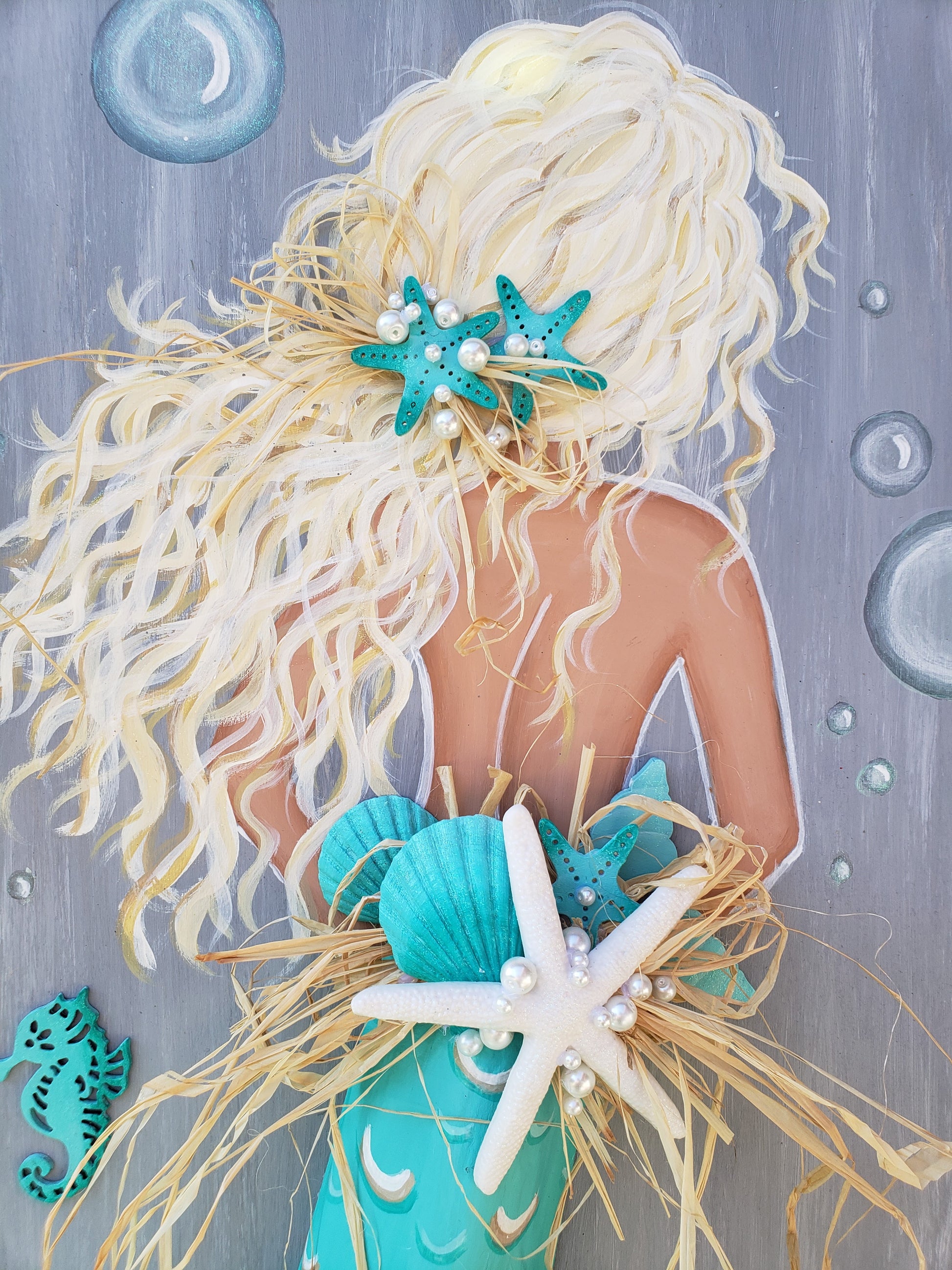 Mermaid painting with palm frond tail on recycled wood 