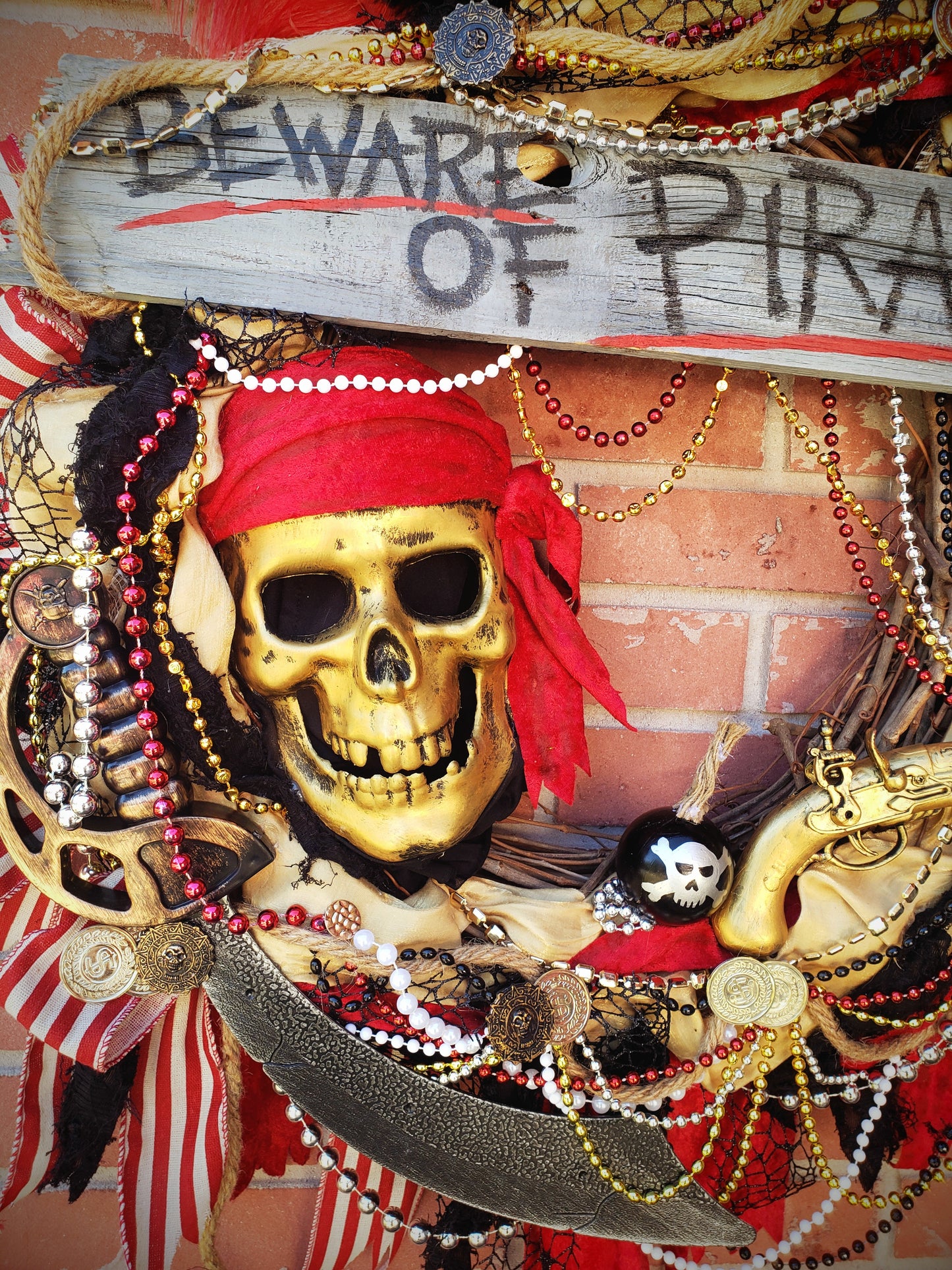 Red, gold and black Beware of Pirates Gasparilla wreath