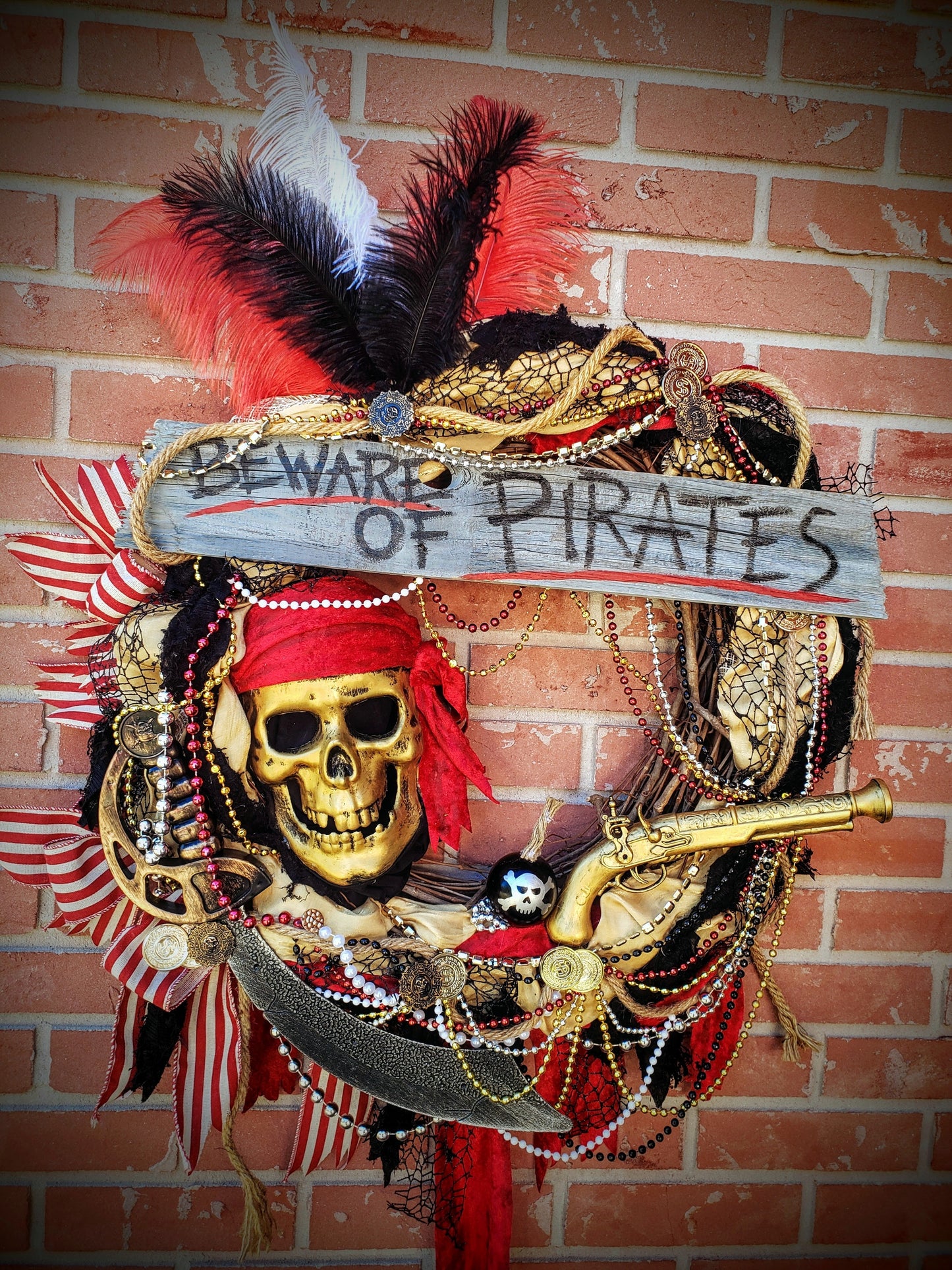 Red, gold and black Beware of Pirates Gasparilla wreath