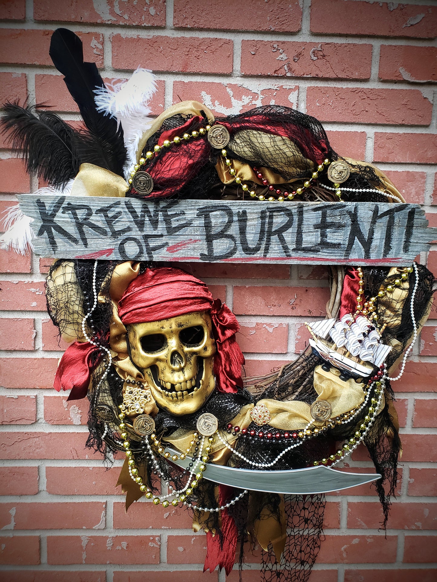 Garnet, gold and Black Pirate Gasparilla Wreath with personalized sign