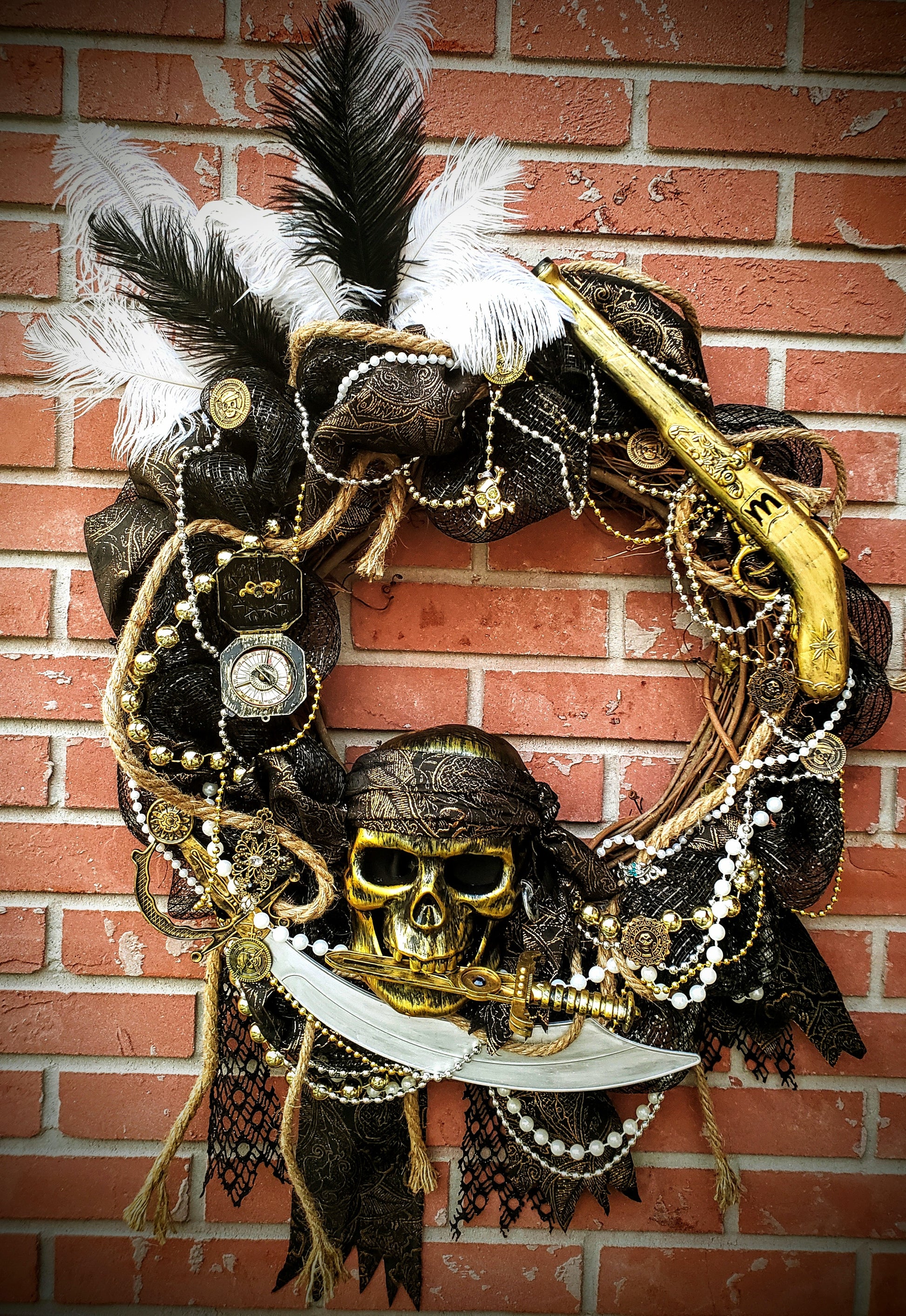 Black and gold damask Pirate wreath, Gasparilla 