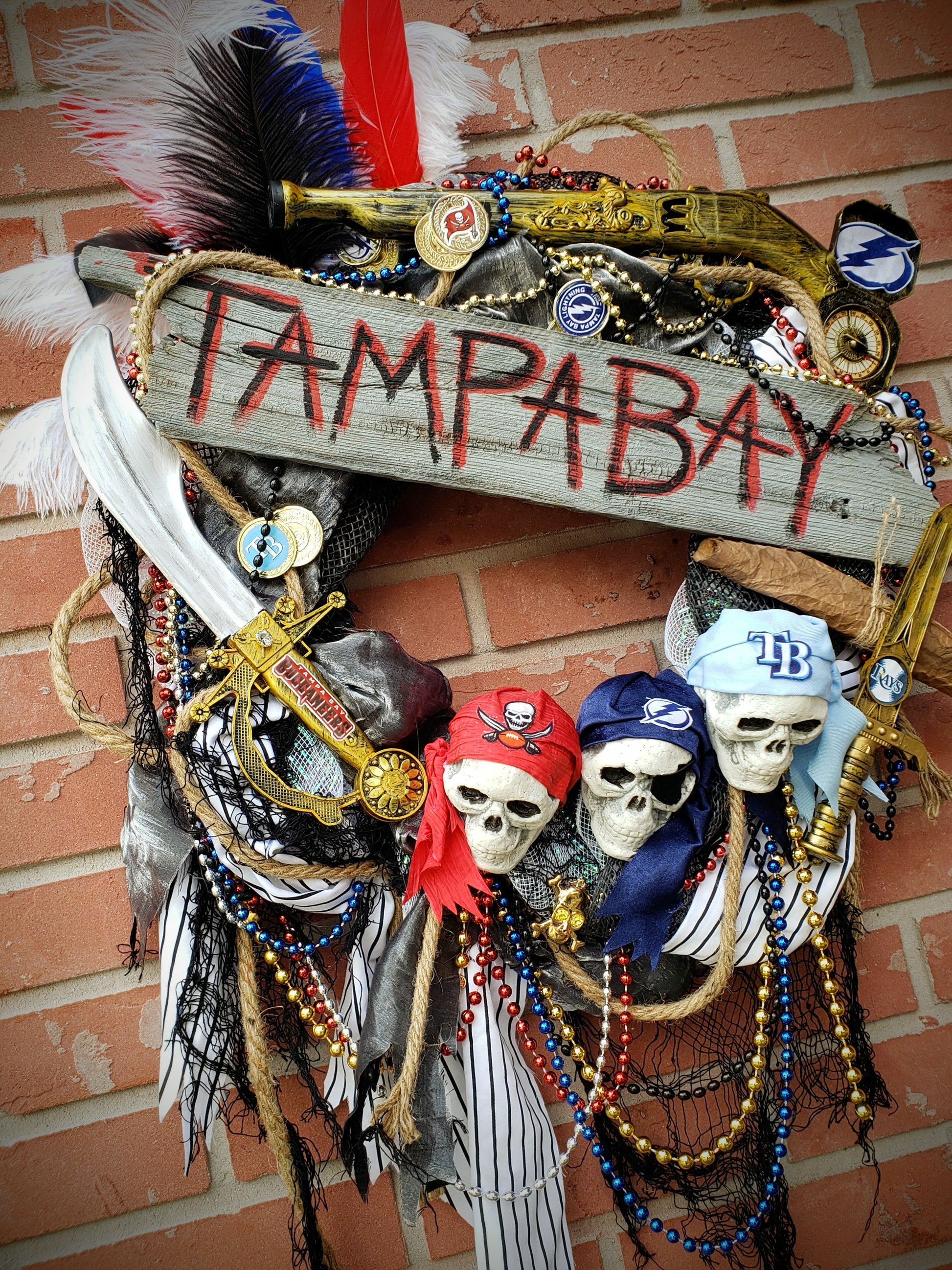 Pirate Gasparilla wreath, Champa Bay version with Bucs Bolts and Rays  