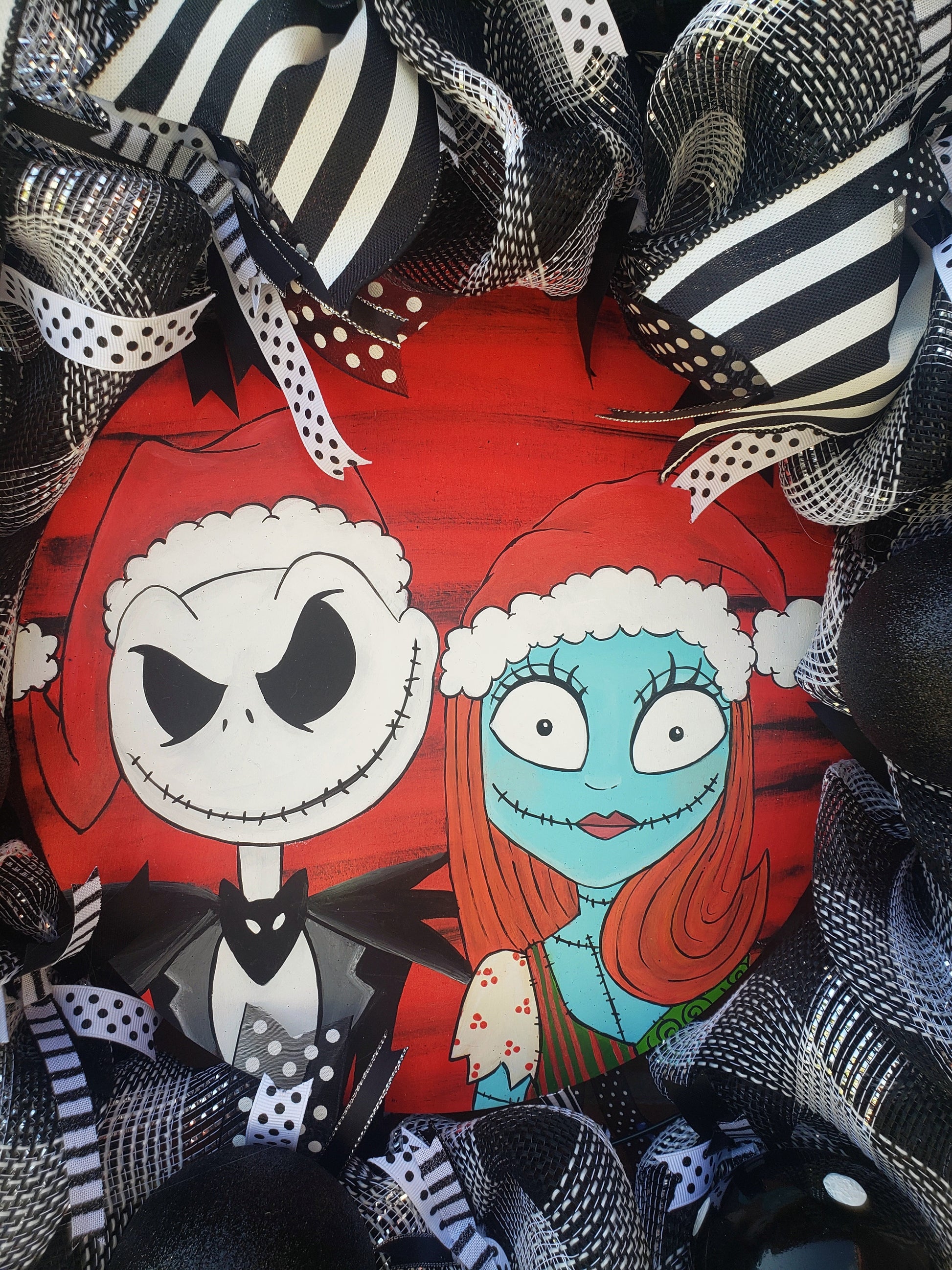 Jack and Sally Skellington wreath, interchangeable paintings for different holidays 