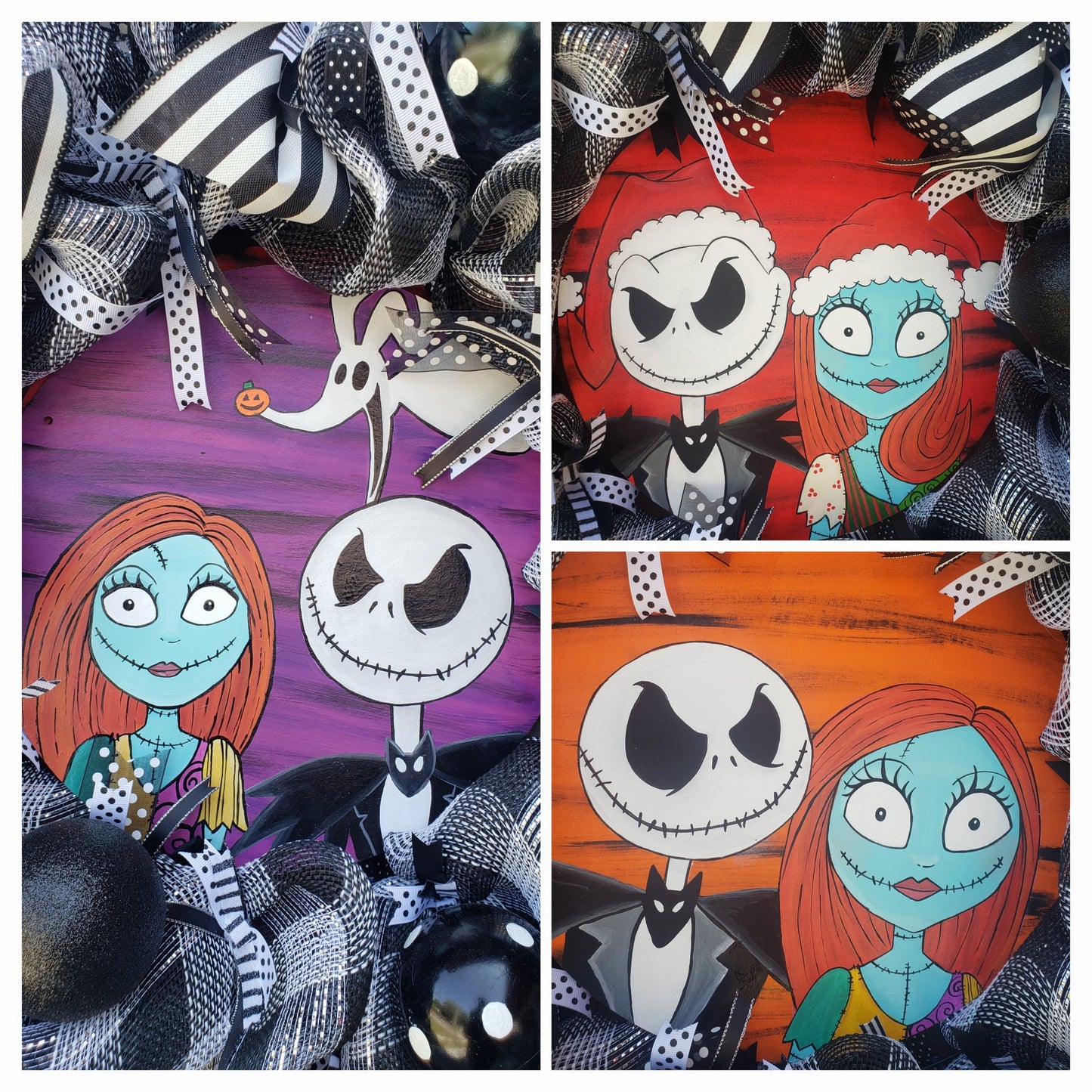 Jack and Sally Skellington wreath, interchangeable paintings for different holidays 