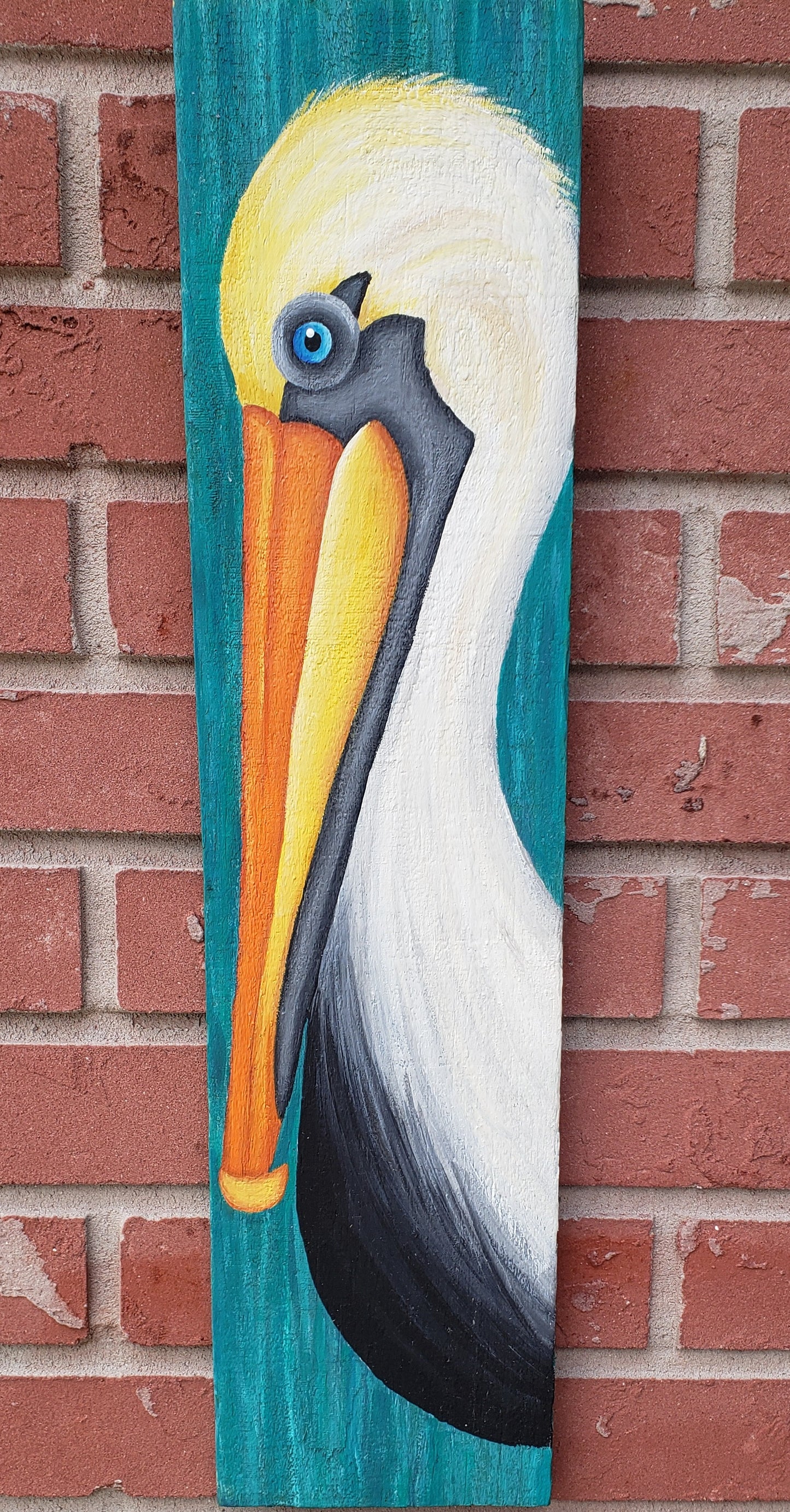 Pelican and Seabird painting on teal wood board