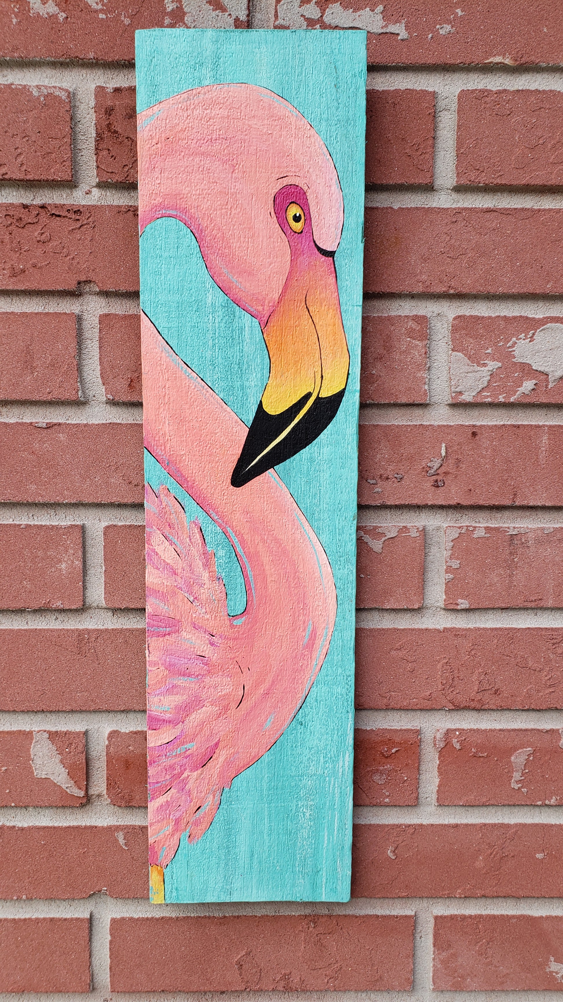 Flamingo painting on an aqua and keywest blue reclaimed wood board