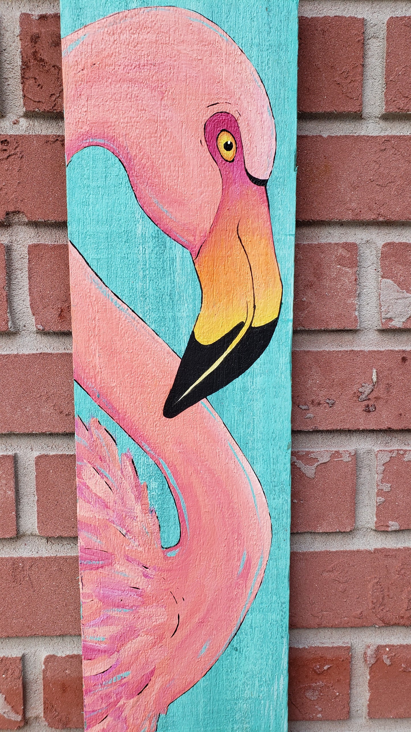 Flamingo painting on an aqua and keywest blue reclaimed wood board