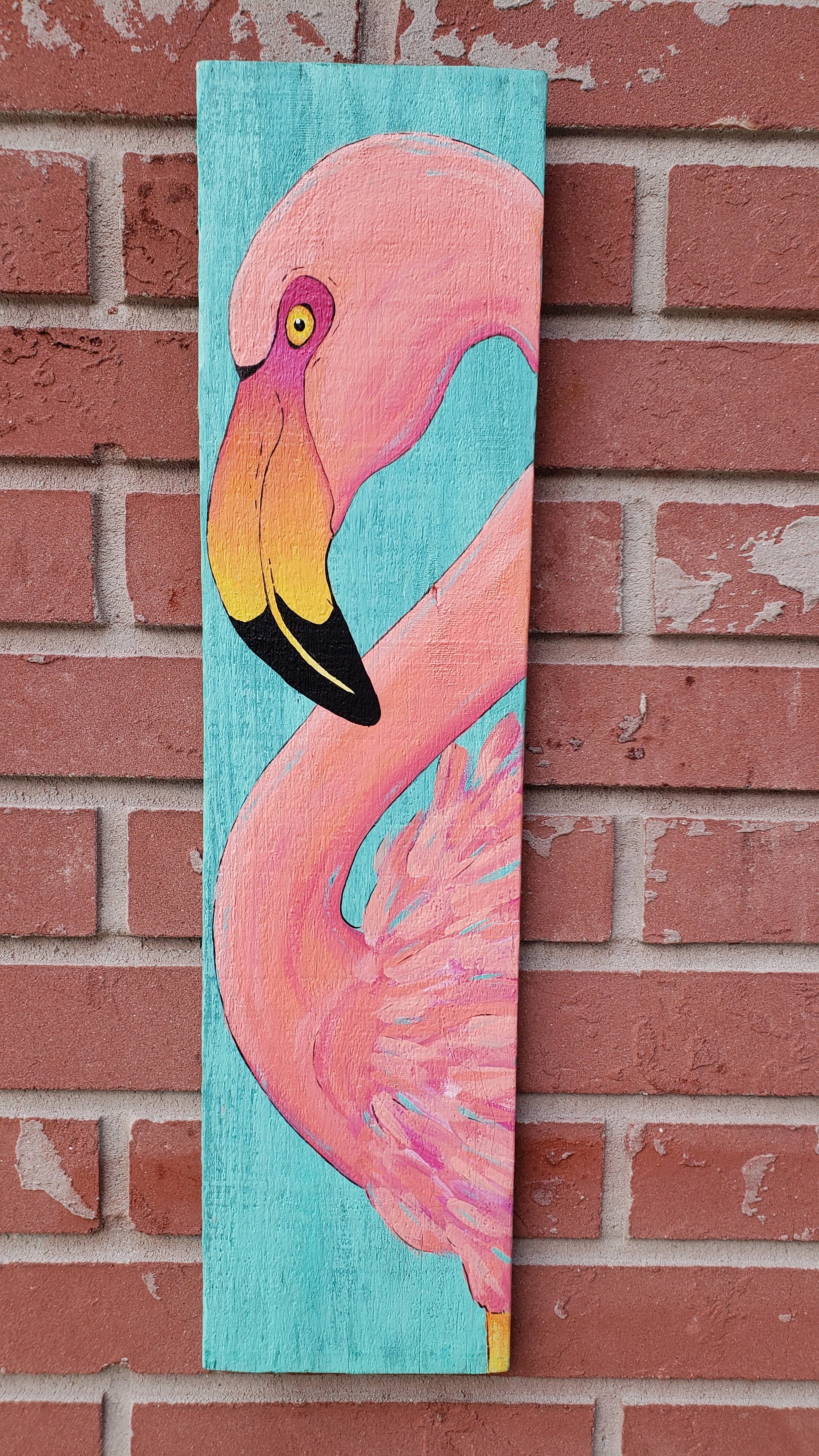 Flamingo painting on an aqua and keywest blue reclaimed wood board