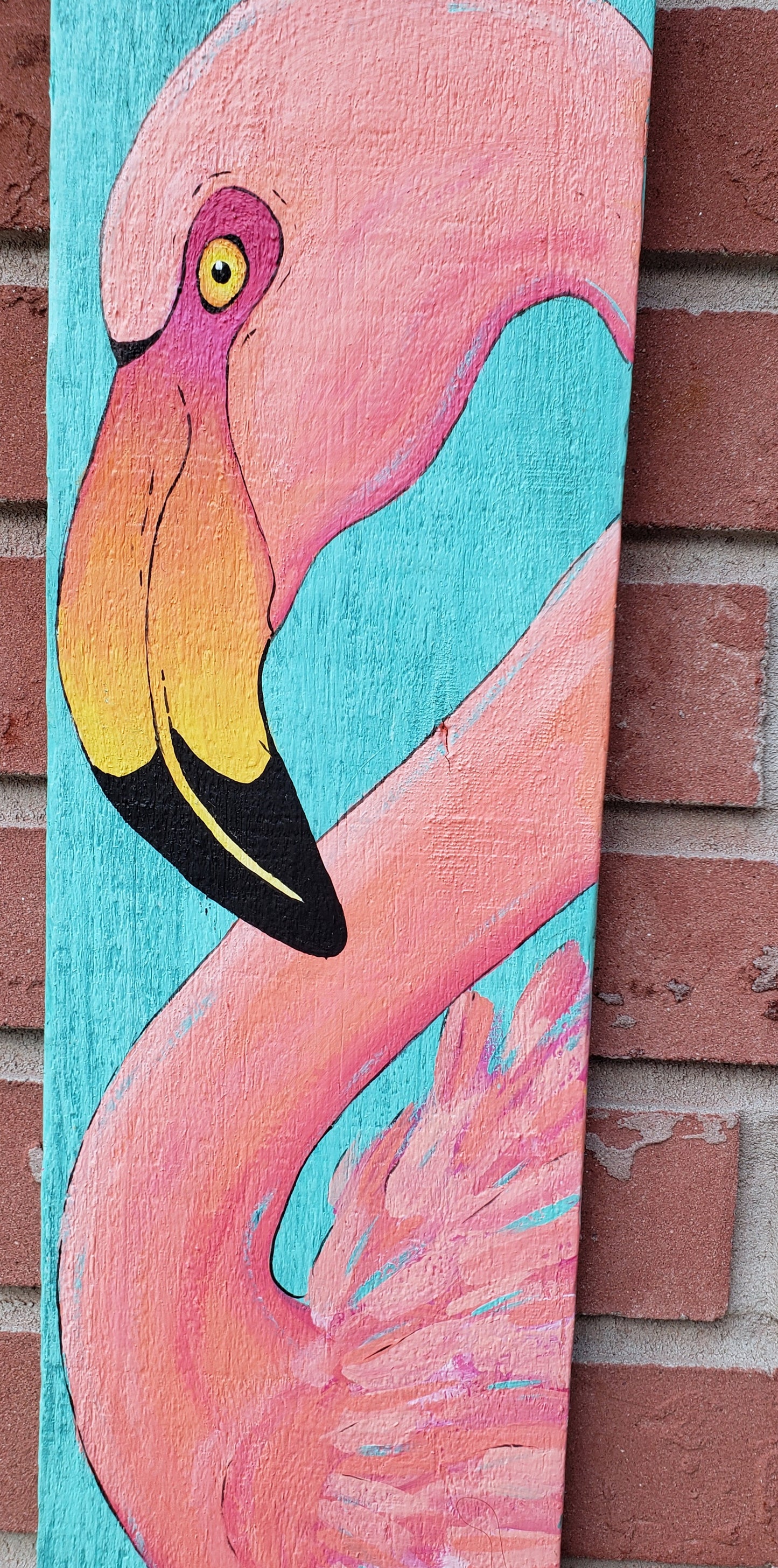 Flamingo painting on an aqua and keywest blue reclaimed wood board