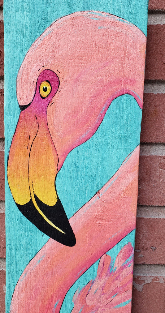 Flamingo painting on an aqua and keywest blue reclaimed wood board