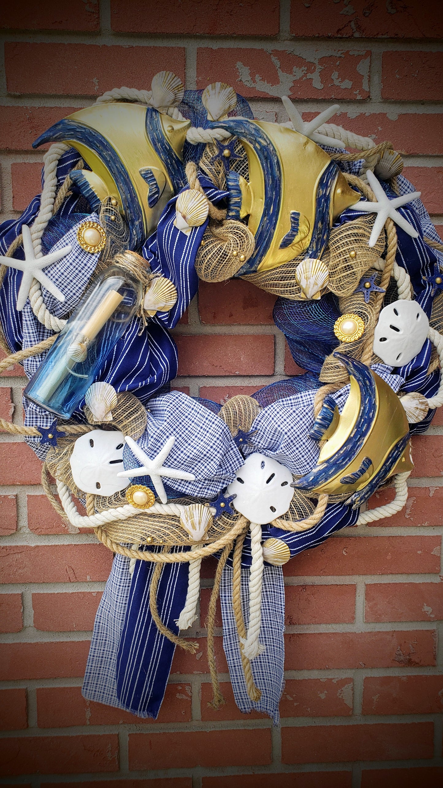 Beach Wreath navy blue, gold and white with nautical rope, shells, starfish and metal angel fish