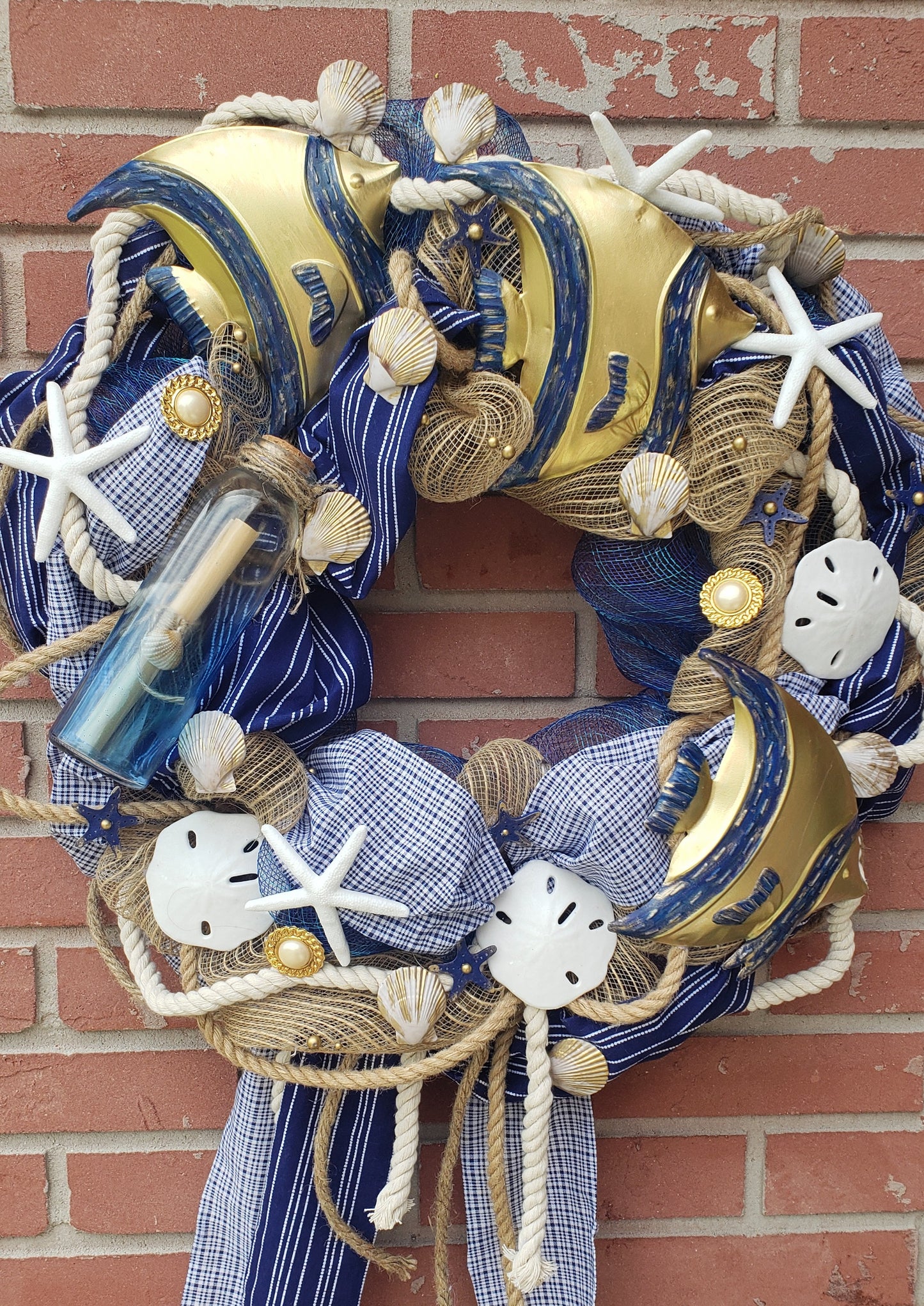 Beach Wreath navy blue, gold and white with nautical rope, shells, starfish and metal angel fish