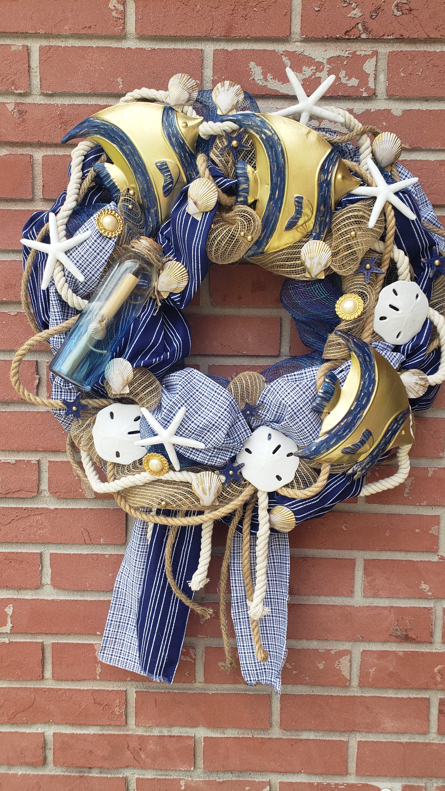 Beach Wreath navy blue, gold and white with nautical rope, shells, starfish and metal angel fish