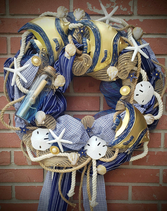 Beach Wreath navy blue, gold and white with nautical rope, shells, starfish and metal angel fish