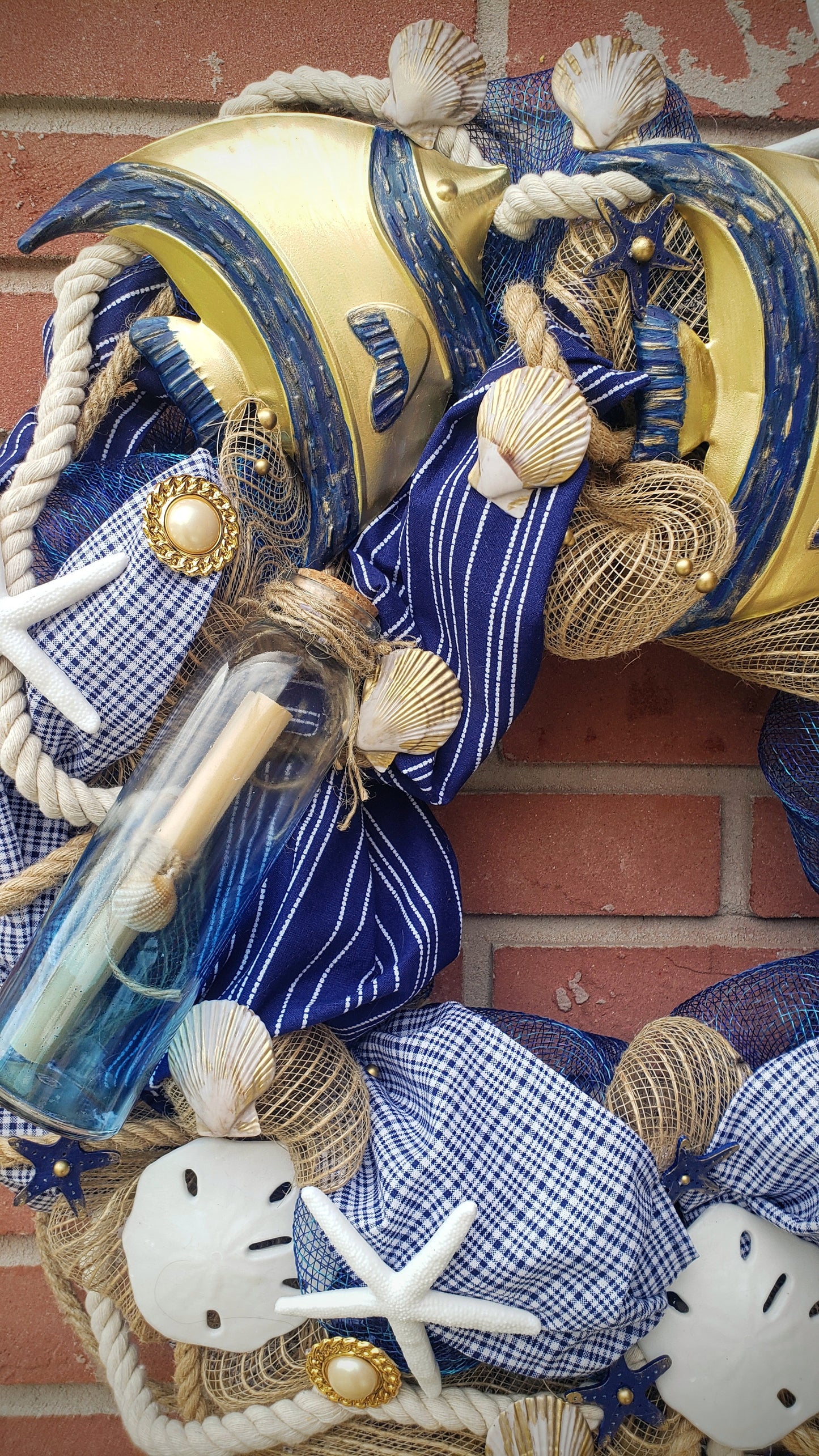 Beach Wreath navy blue, gold and white with nautical rope, shells, starfish and metal angel fish