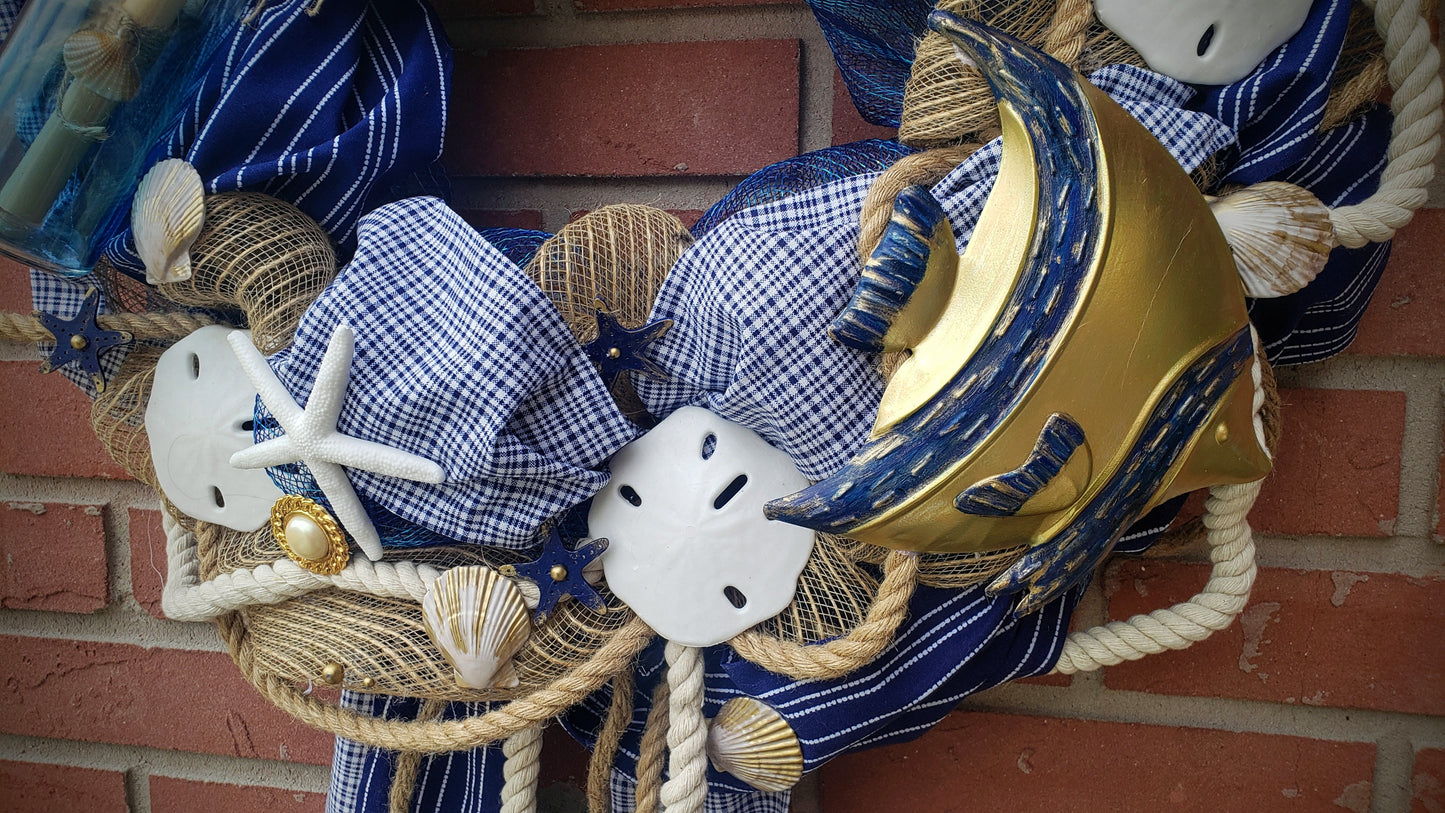 Beach Wreath navy blue, gold and white with nautical rope, shells, starfish and metal angel fish