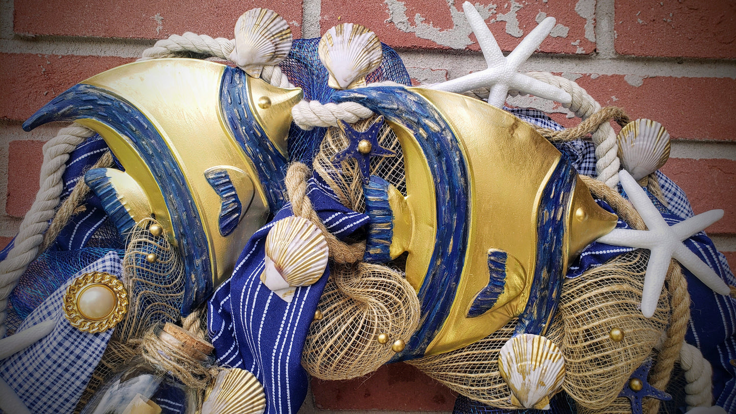 Beach Wreath navy blue, gold and white with nautical rope, shells, starfish and metal angel fish