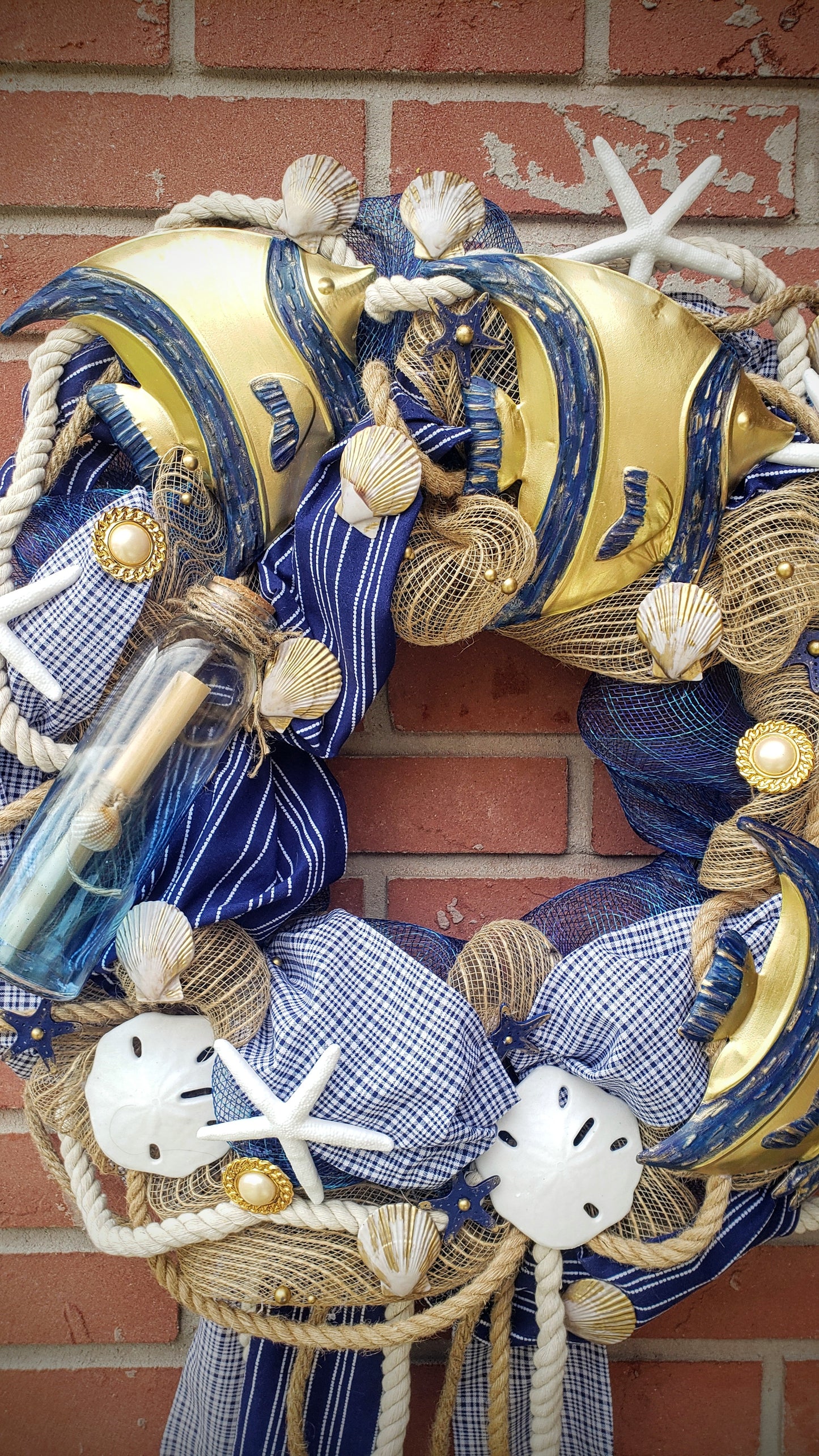 Beach Wreath navy blue, gold and white with nautical rope, shells, starfish and metal angel fish