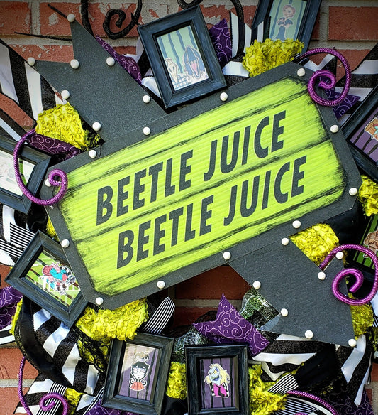 Beetlejuice Wreath, Black, white, lime green and purple with lighted Beetlejuice Marquee