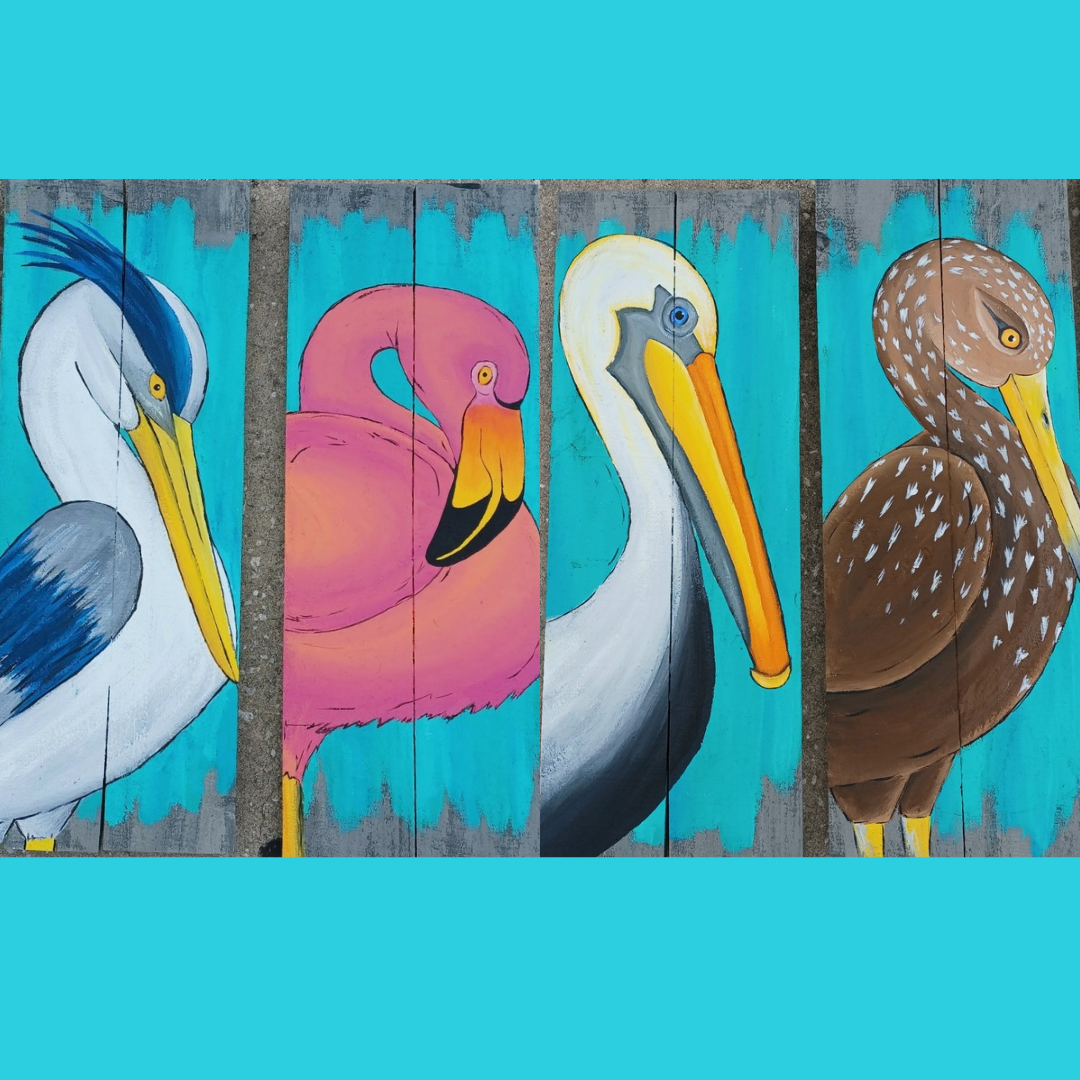 Set of 4 seabirds hand painted on reclaimed wood boards with aqua brushstrokes in background 