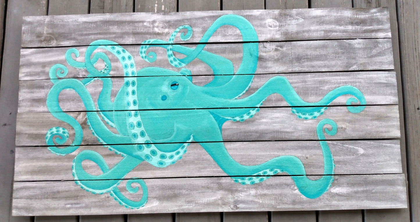 Aqua Octopus painting on gray reclaimed wood boards 3' x 2'