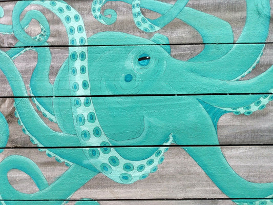 Aqua Octopus painting on gray reclaimed wood boards 3' x 2'