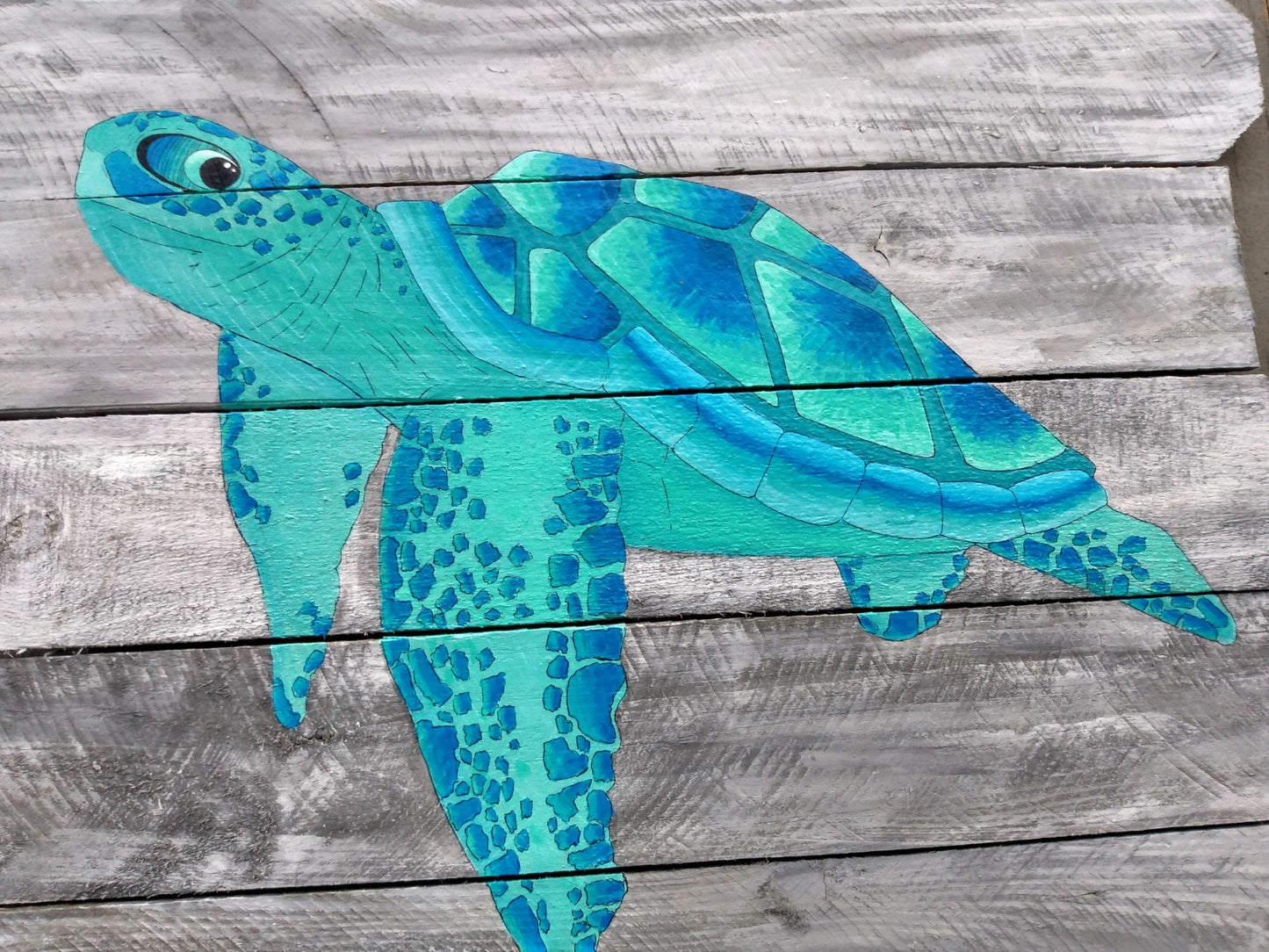 aqua and blue sea turtles painting on wood