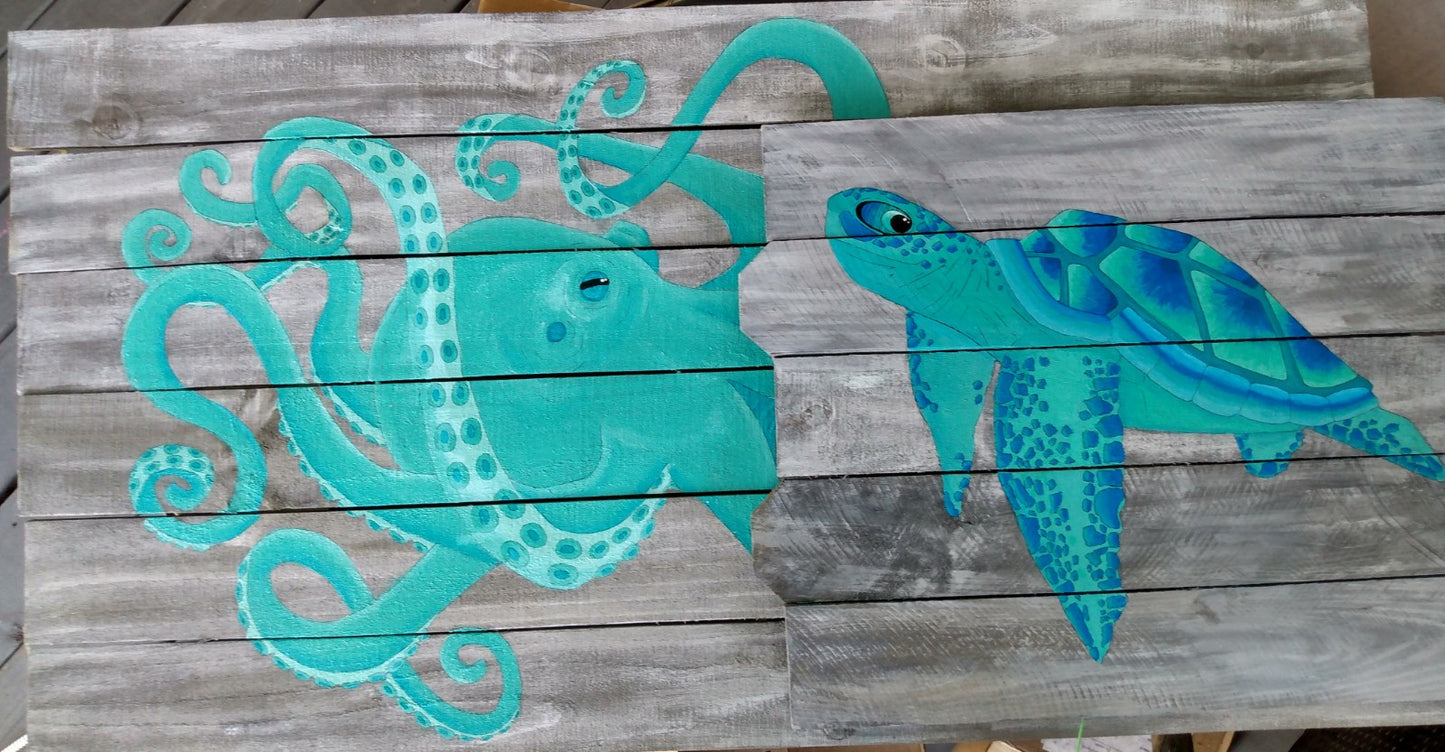 aqua and blue sea turtles and octopus painting on wood