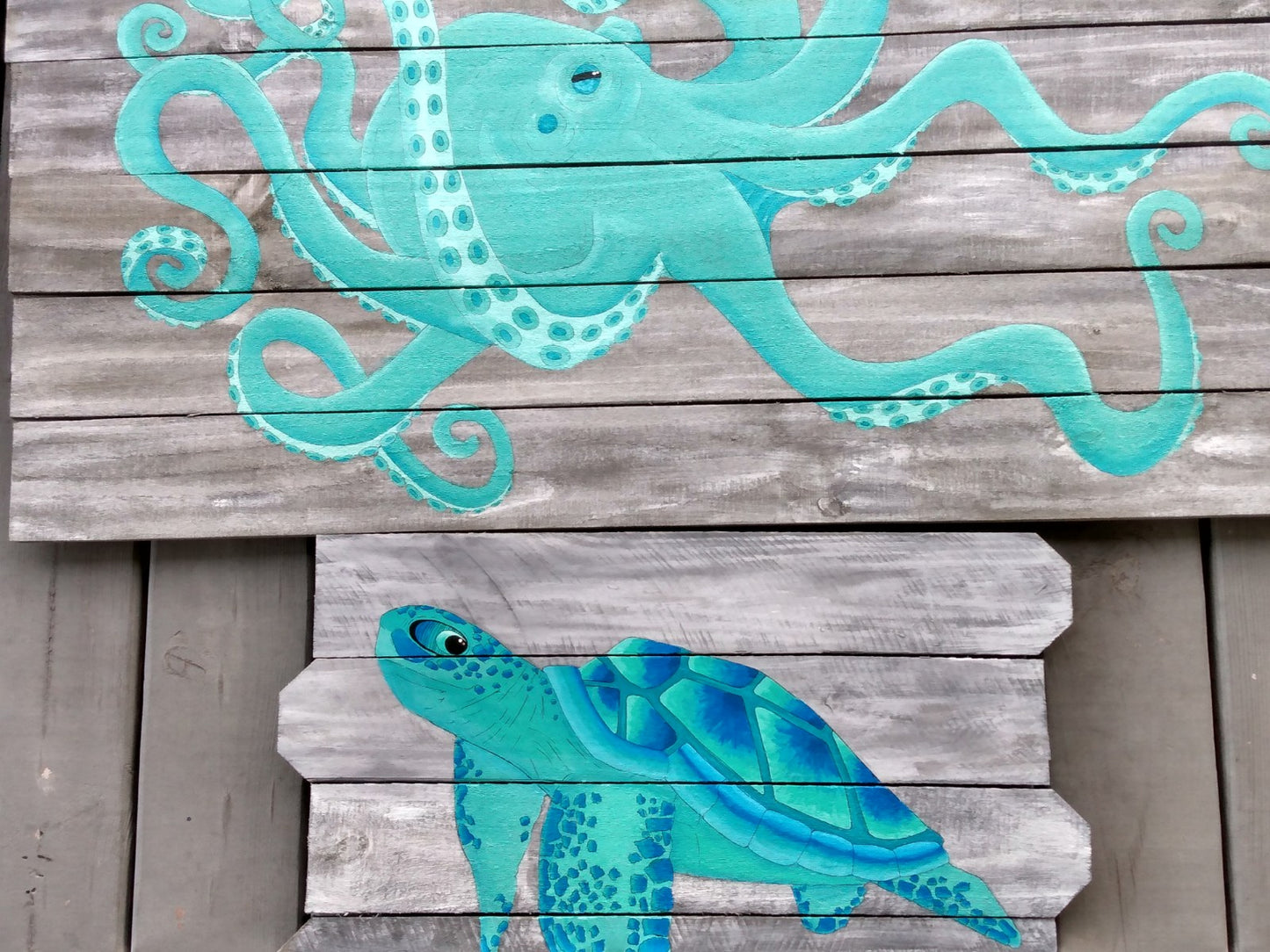 aqua and blue sea turtles painting on wood