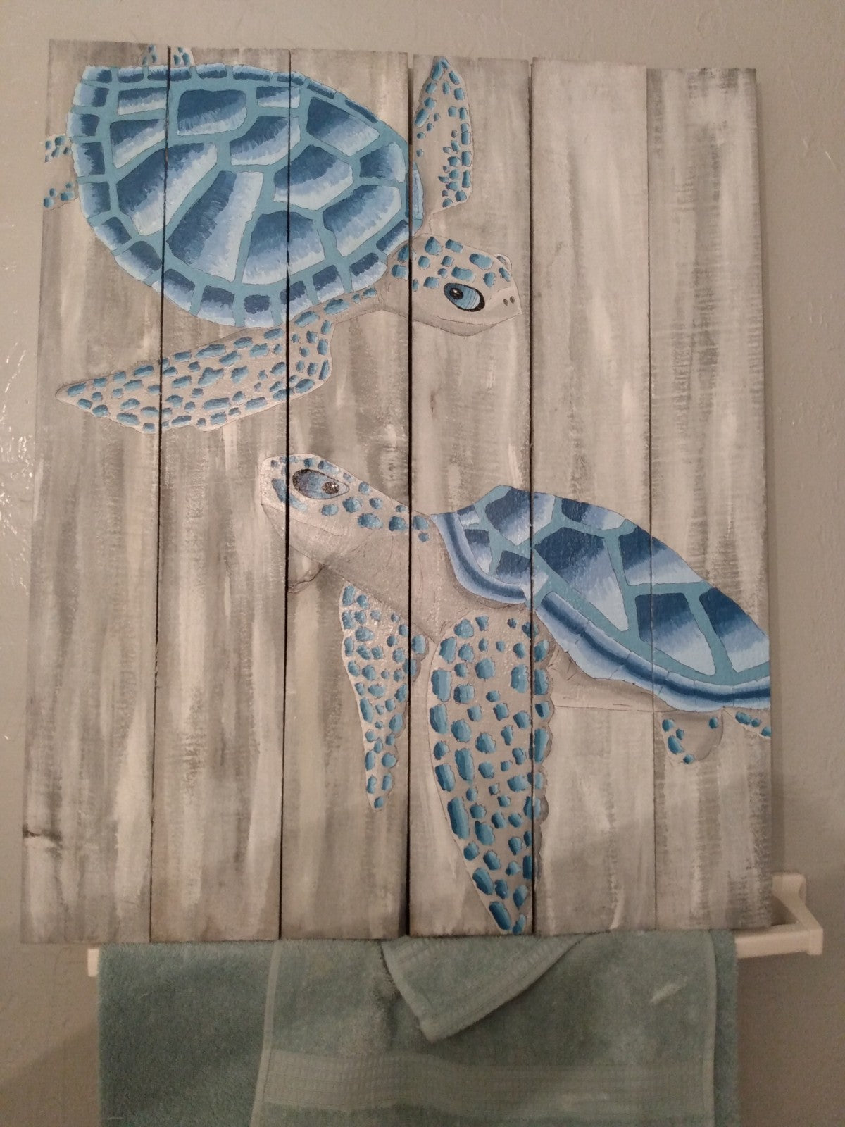 Aqua + Blues Sea Turtles painting on 3'x2' wood boards